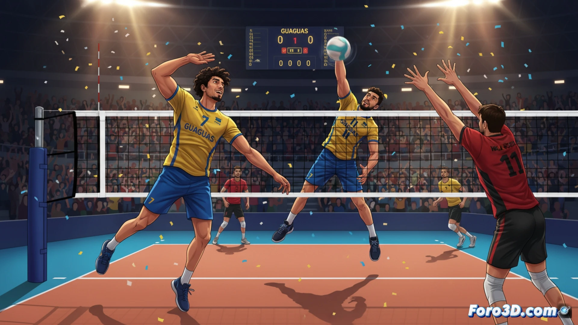 Photorealistic volleyball scene showing a player in yellow jersey performing a powerful spike, ball mid-air with motion blur, net visible, background filled with cheering crowd in arena, technical action shot capturing the moment of victory, dramatic stadium lighting, sweat droplets frozen in motion, dynamic angle from below emphasizing jump height, polished wooden court floor reflections, ultra-detailed sports photography style, cinematic composition with deep shadows and bright highlights