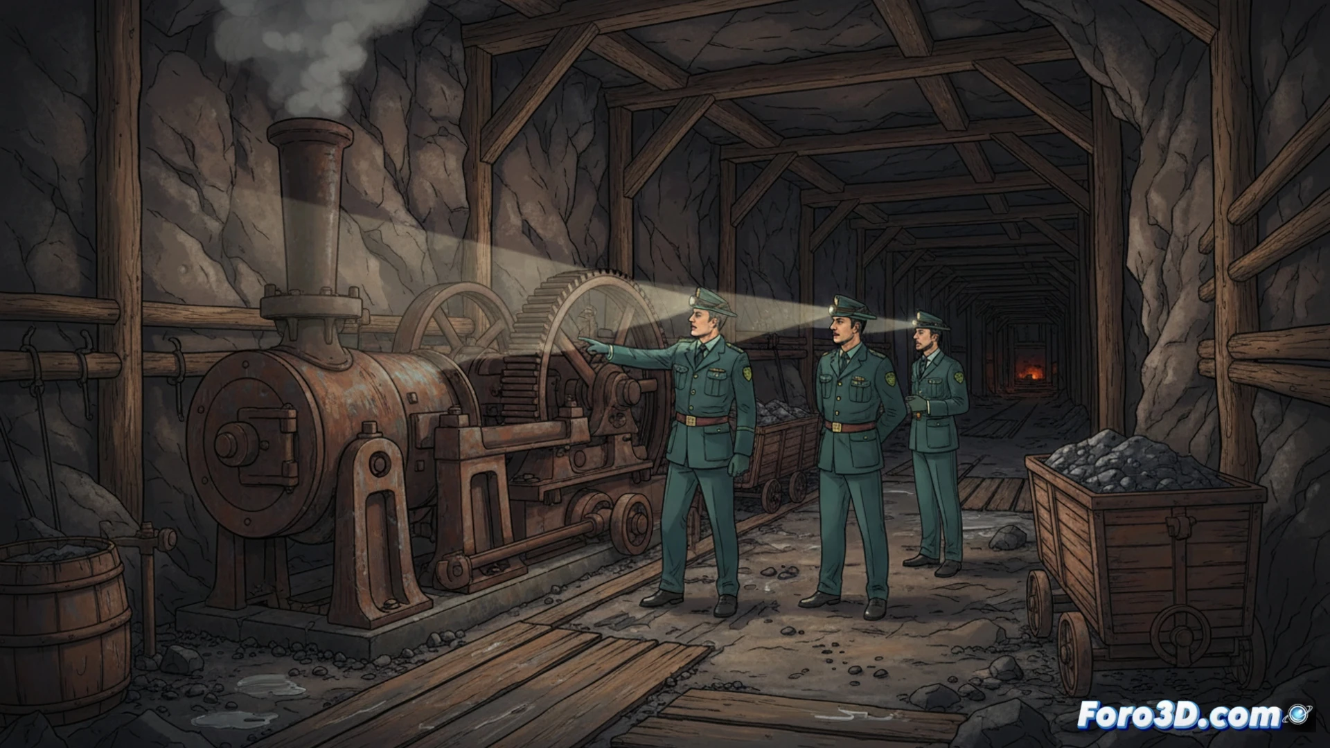 Guardia Civil agents inside a dark coal mine tunnel inspecting a vintage drilling machine, hard hats with headlamps illuminating rusty conveyor belts and wooden support beams, one agent demonstrating the mechanical operation of a hand-cranked ventilation fan while another examines a pickaxe embedded in coal rubble, photorealistic industrial visualization, dust particles suspended in beams of light, corroded metal surfaces, damp stone walls, dramatic chiaroscuro lighting, ultra-detailed textures of worn gear mechanisms and coal seams, cinematic documentary style