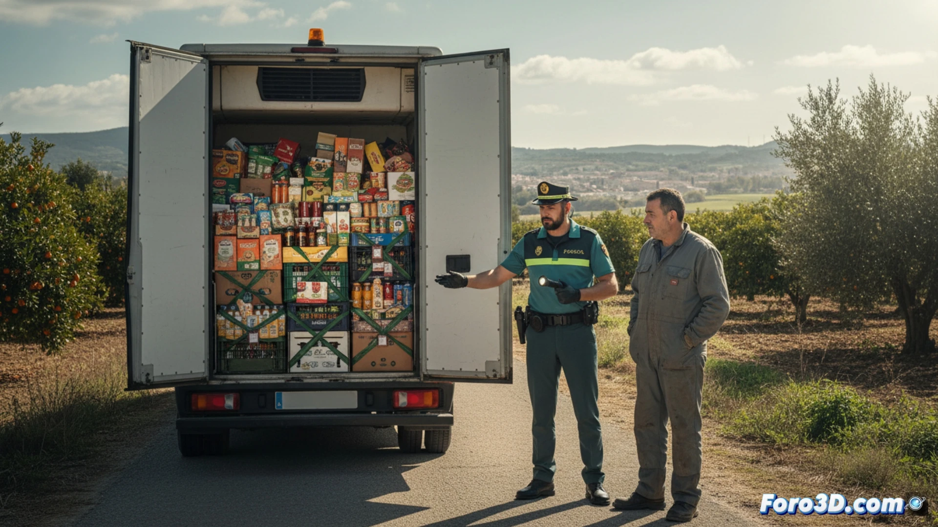 Guardia Civil agentes inspeccionando un turismo sedán oscuro detenido en un control nocturno sobre la carretera CV-424, faros del coche iluminando el asfalto mojado, maletero abierto mostrando bolsas de plástico blancas con precintos de supermercado y botellas de bebidas alcohólicas apiladas, un agente con linterna táctil revisando etiquetas mientras otro interroga al conductor de 50 años junto al capó, cintas de precinto de seguridad visibles en los productos, fondo de campo oscuro con farolas de carretera tenues, estilo cinematográfico fotorealista, iluminación nocturna dramática, texturas metálicas del coche y plástico de las bolsas, acción de registro policial en proceso