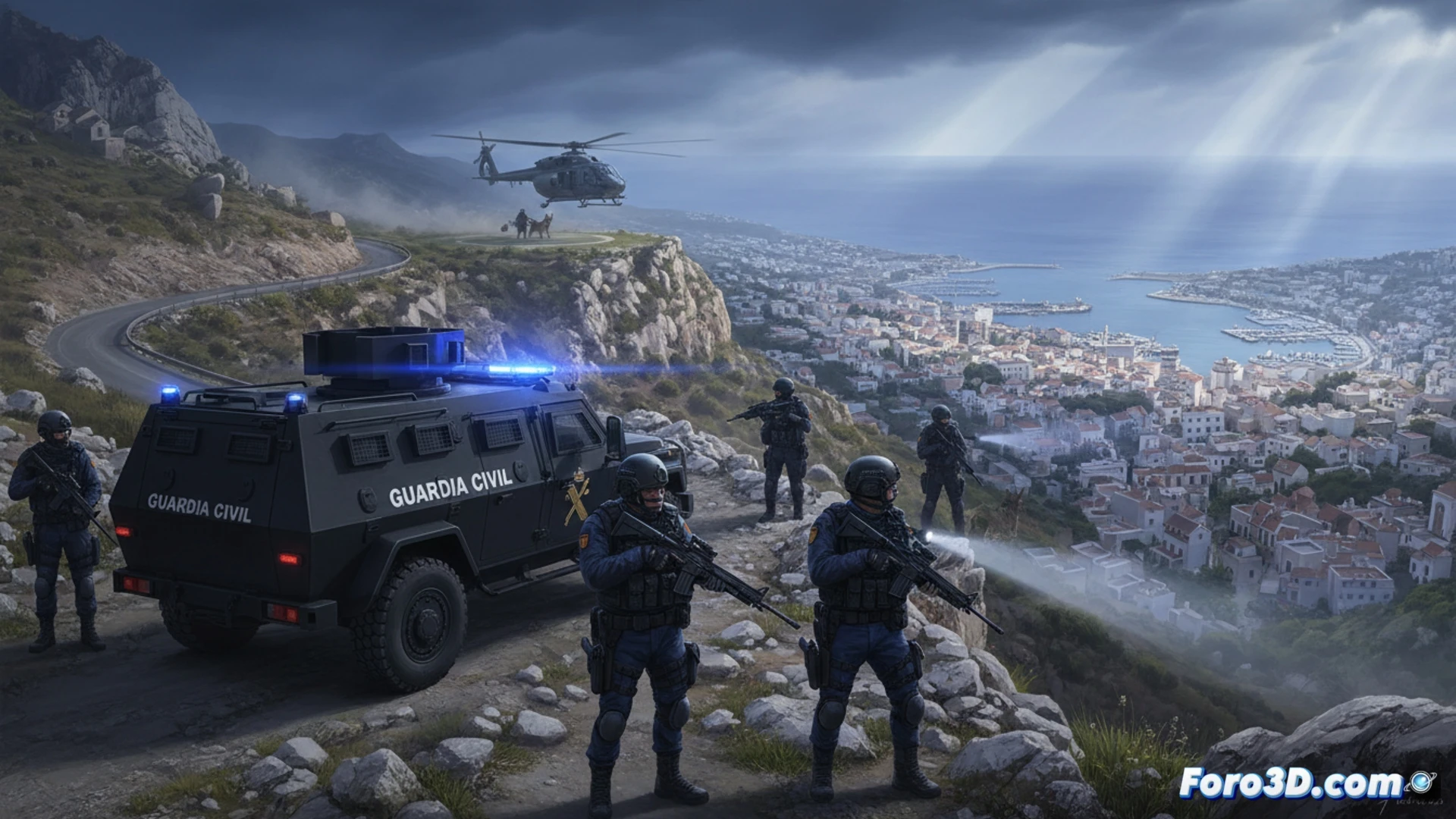 Guardia Civil officers in tactical gear deploying from reinforced patrol vehicles at a critical rural checkpoint, multiple units coordinating via handheld radios and portable surveillance drones, one officer analyzing real-time data on a ruggedized tablet showing geolocation markers, another securing a perimeter with a metal detector, dusty terrain under harsh midday sun, dynamic action with officers moving into position, cinematic photorealistic style, high contrast shadows, blue and yellow uniform accents, smoke haze in background, ultra-detailed equipment textures, dramatic wide-angle perspective