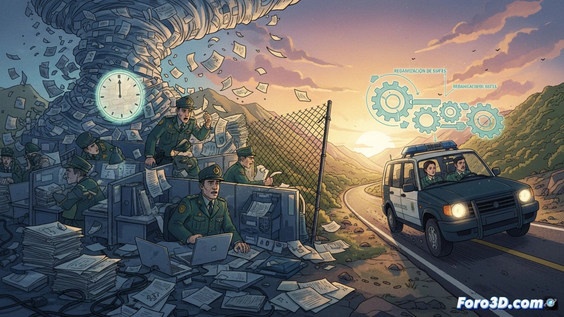 Guardia Civil agent in uniform standing before a mountain of paper forms and a cluttered desk, holding a pen in one hand while gesturing toward a digital patrol scheduling board on the wall, another agent in tactical gear waiting by an open patrol car door, sunlight streaming through station window, cinematic photorealistic style, dramatic contrast between bureaucratic clutter and operational readiness, deep blue and grey tones, sharp focus on paperwork stacks and duty roster screen, realistic textures of documents and uniform fabric