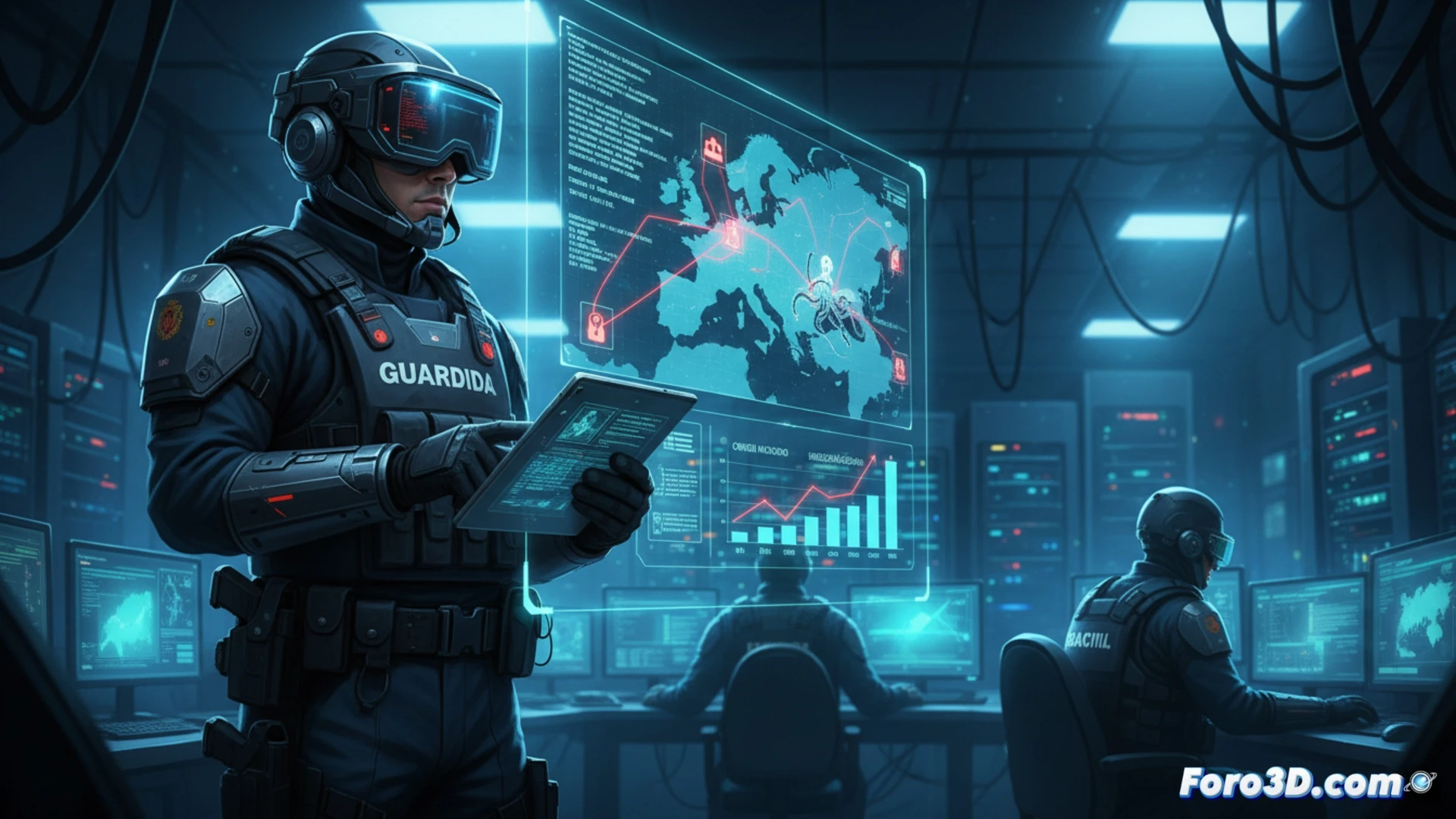 Guardia Civil agentes en formación cibernética, pantalla táctil mostrando mapa de nodos de narcotráfico digital, agentes manipulando tabletas con software forense, simulacro de ataque cibernético en tiempo real, luces azules y rojas de emergencia reflejadas en cascos tácticos, servidores y routers en fondo, proceso de análisis de datos cifrados, estilo cinematográfico fotorrealista, iluminación dramática contrastada, acción sincronizada de equipo especializado, texturas metálicas y plásticas detalladas, profundidad de campo reducida, ambiente de alta tecnología y urgencia operativa.