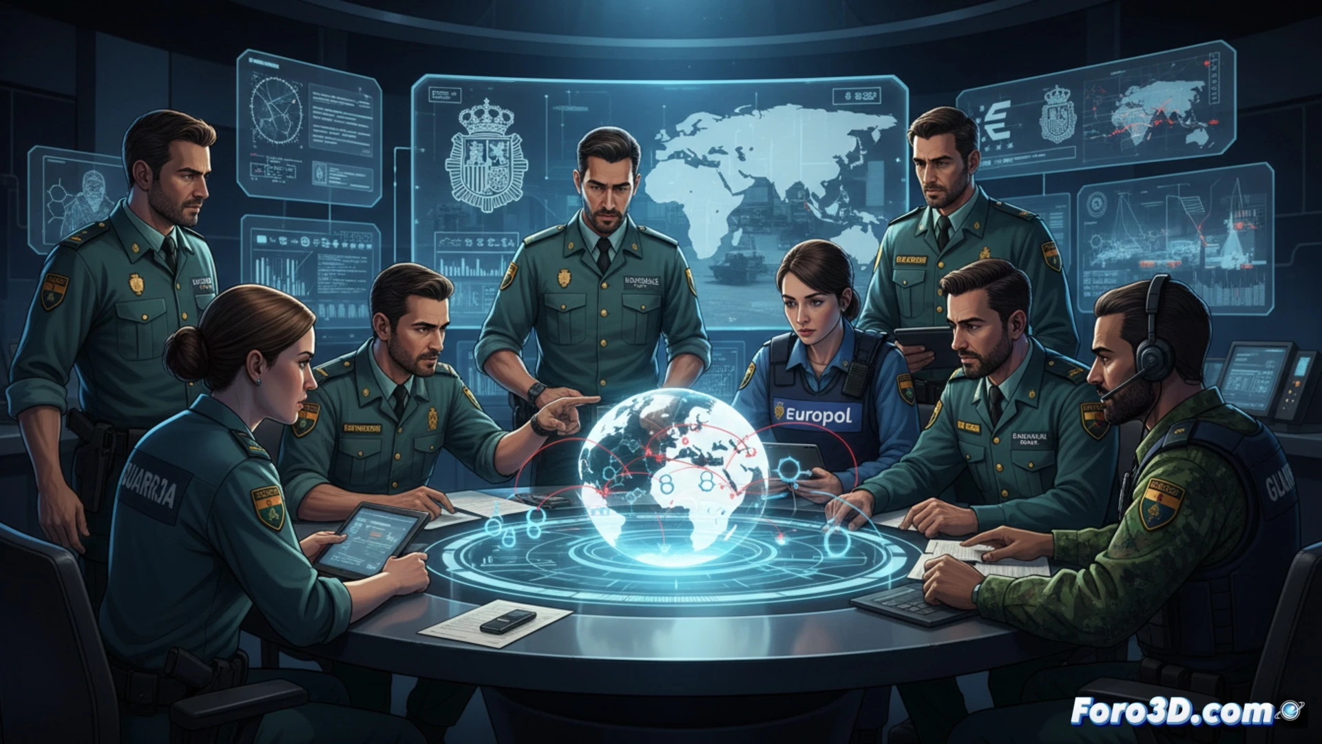 Guardia Civil agentes y oficiales Europol compartiendo datos en pantalla táctil holográfica, mapa 3D de rutas narco transatlánticas con puntos rojos parpadeantes, drones de vigilancia sobrevolando puerto nocturno, agentes latinoamericanos analizando tablet con feeds satelitales, sala de control iluminada por monitores azules, servidores rack con cables de fibra óptica visibles, proceso de inteligencia en tiempo real mostrando flujo de datos cifrados, estilo cinematic photorealistic, iluminación dramática azul y naranja, sombras duras, alta definición técnica, acción de coordinación multinacional contra narcotráfico global
