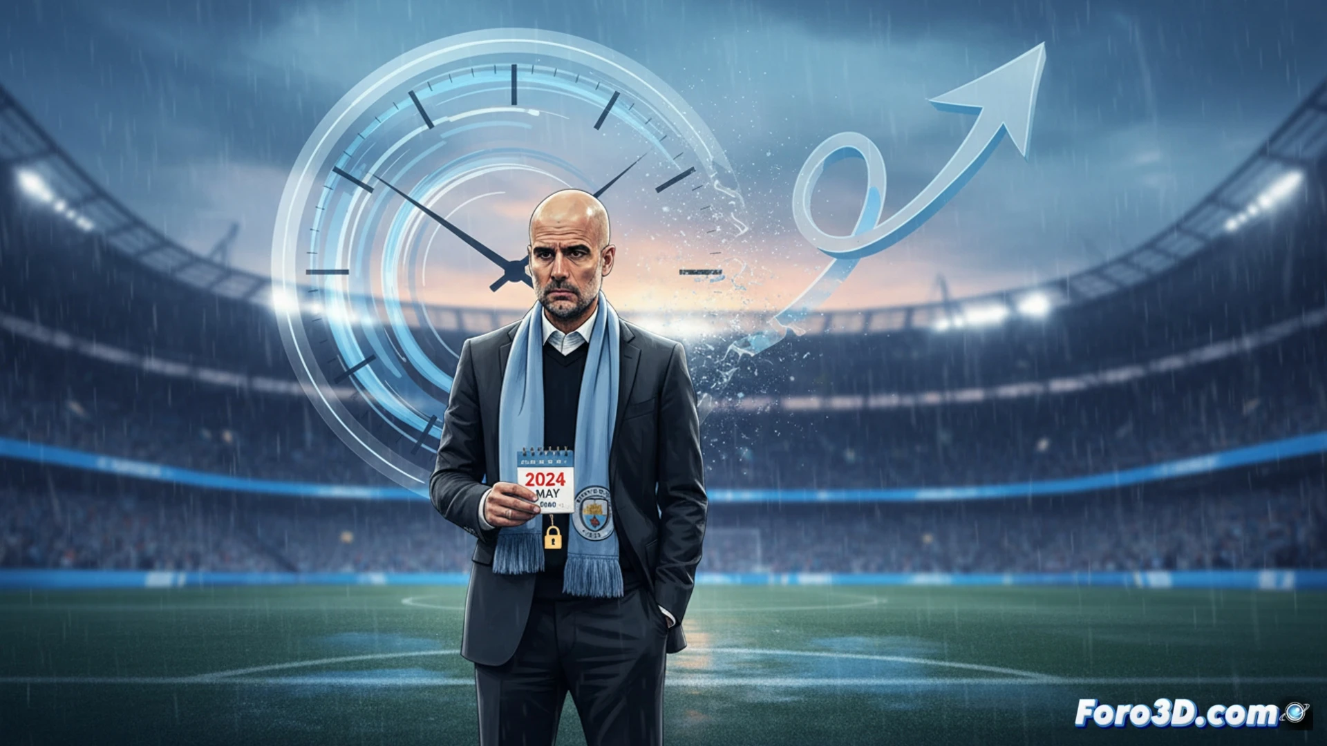 Pep Guardiola de pie junto a una pizarra táctica digital iluminada en un vestuario vacío, su mano derecha sosteniendo un rotulador óptico a medio camino de borrar un esquema de juego, su reflejo difuso en el cristal del monitor táctil, cables de fibra óptica conectados a un tablet empotrado en la mesa técnica, cronómetro de partido detenido en el fondo mostrando tiempo extra, focos halógenos apagados creando sombras alargadas, estilo cinematográfico realista, atmósfera de tensión silenciosa, paleta de colores fríos azulados y grises metálicos, textura de sudor en su frente, fotograma congelado de una decisión inminente.