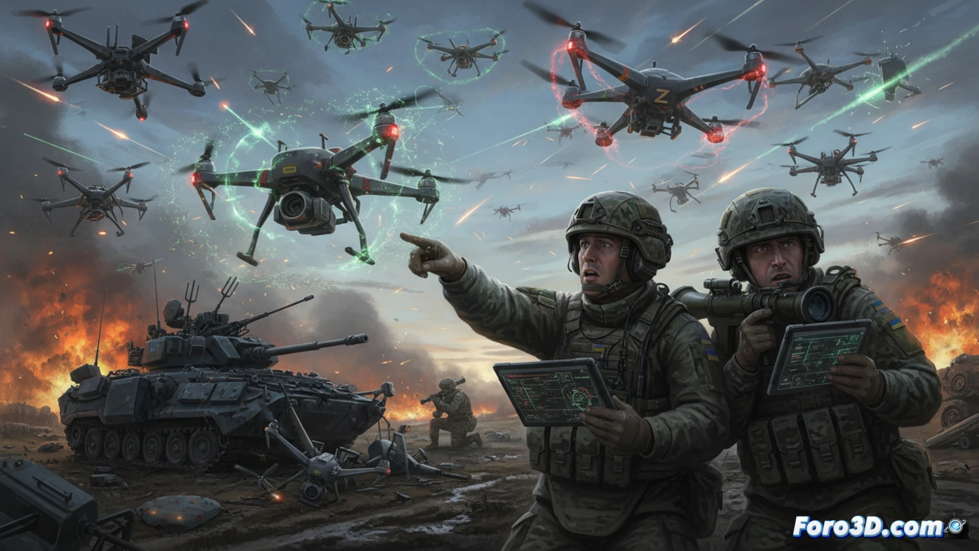 Dos operadores militares en una trinchera nocturna, uno disparando un rifle antiaéreo portátil hacia un dron fantasma en el cielo brumoso, mientras el otro sujeta un cable de fibra óptica cortado con alicates, pantalla de tableta táctica mostrando señales de radar superpuestas y blancos desconocidos, guerra electrónica parpadeando en luces LED, humo y polvo, estilo cinematográfico fotorrealista, iluminación dramática, desenfoque de movimiento, detalles técnicos de hardware militar.