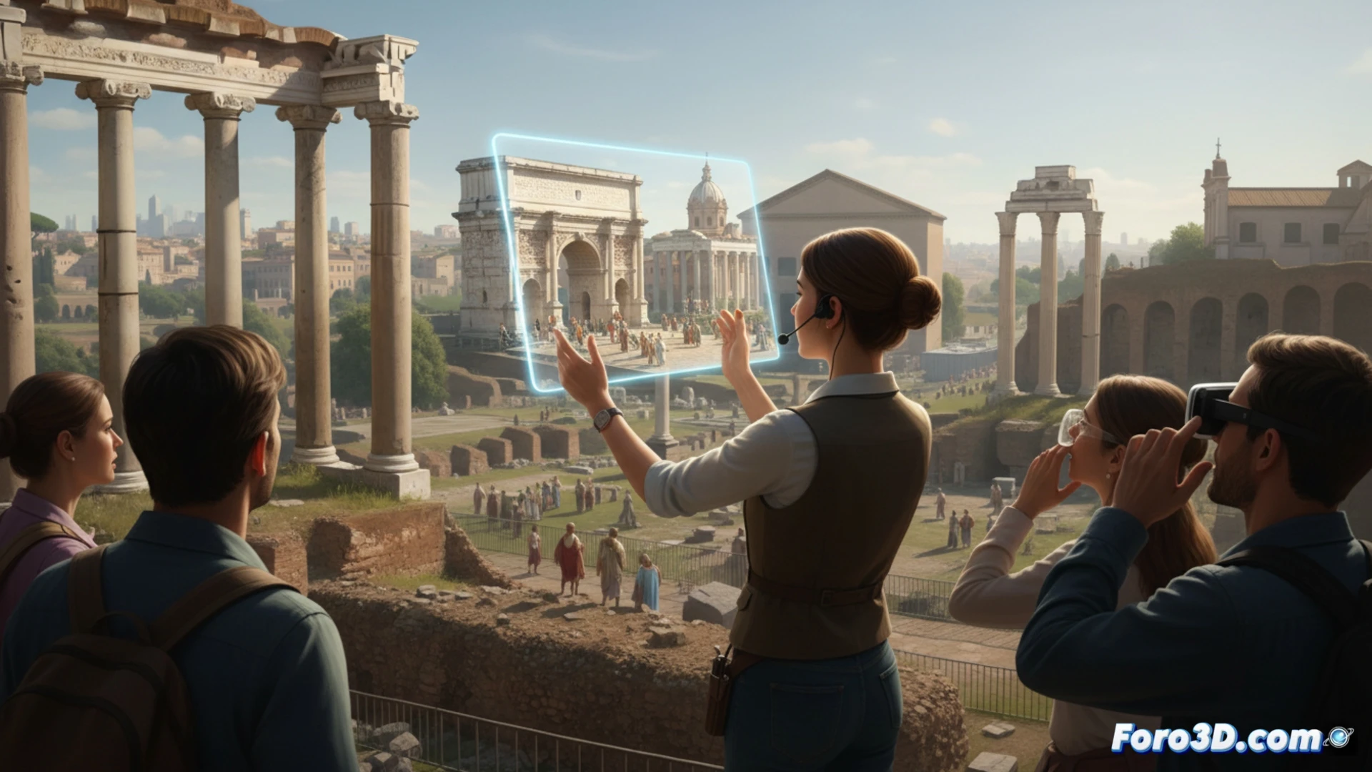 Un guía turístico sostiene una tablet que proyecta en 3D un foro romano reconstruido sobre las ruinas reales, con columnas, estatuas y ciudadanos virtuales.