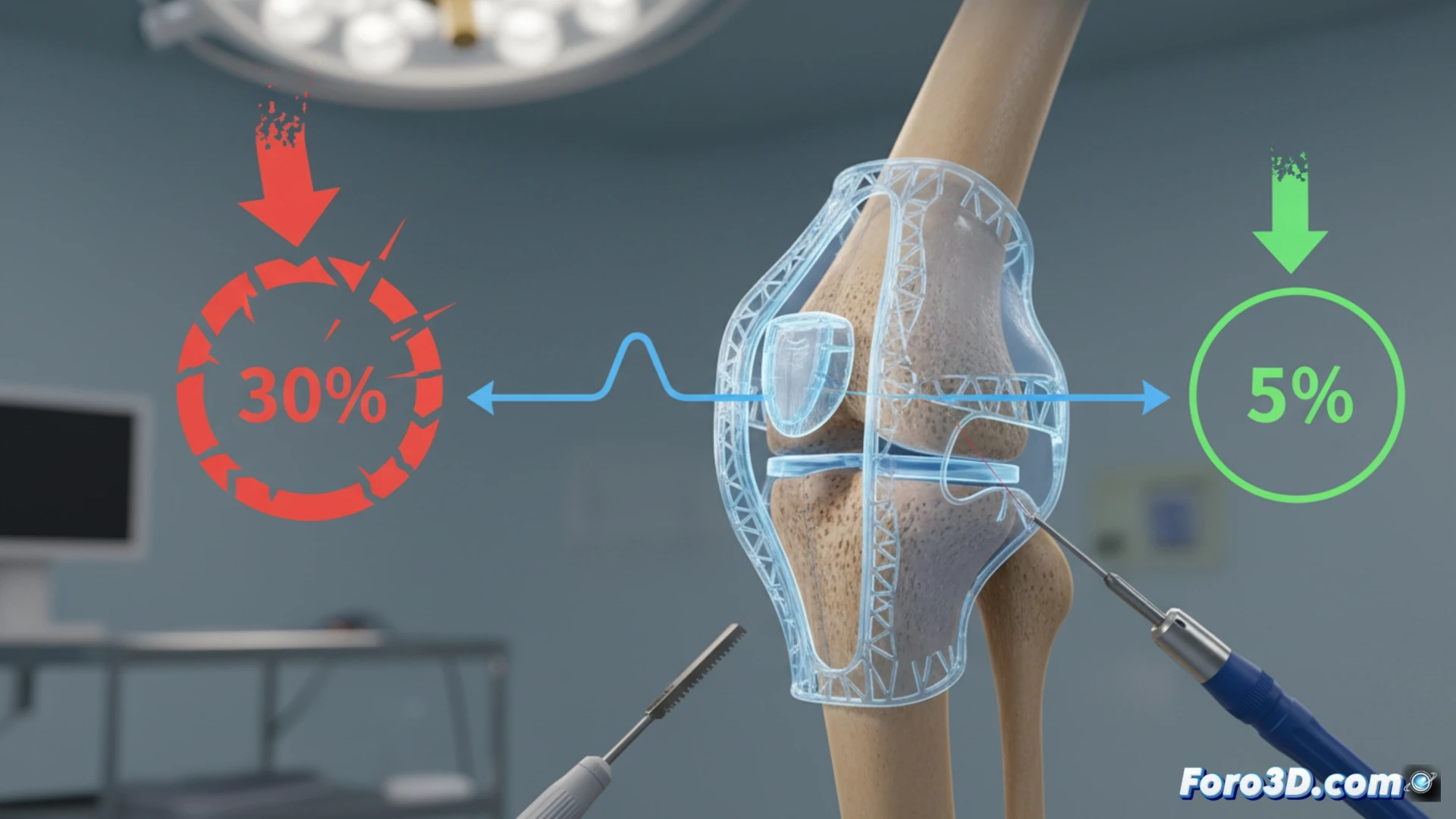 Descripción de imagen: Mano robótica sosteniendo guía SLS blanca sobre modelo óseo 3D, con flecha señalando precisión del 95% frente a error antiguo del 30%.