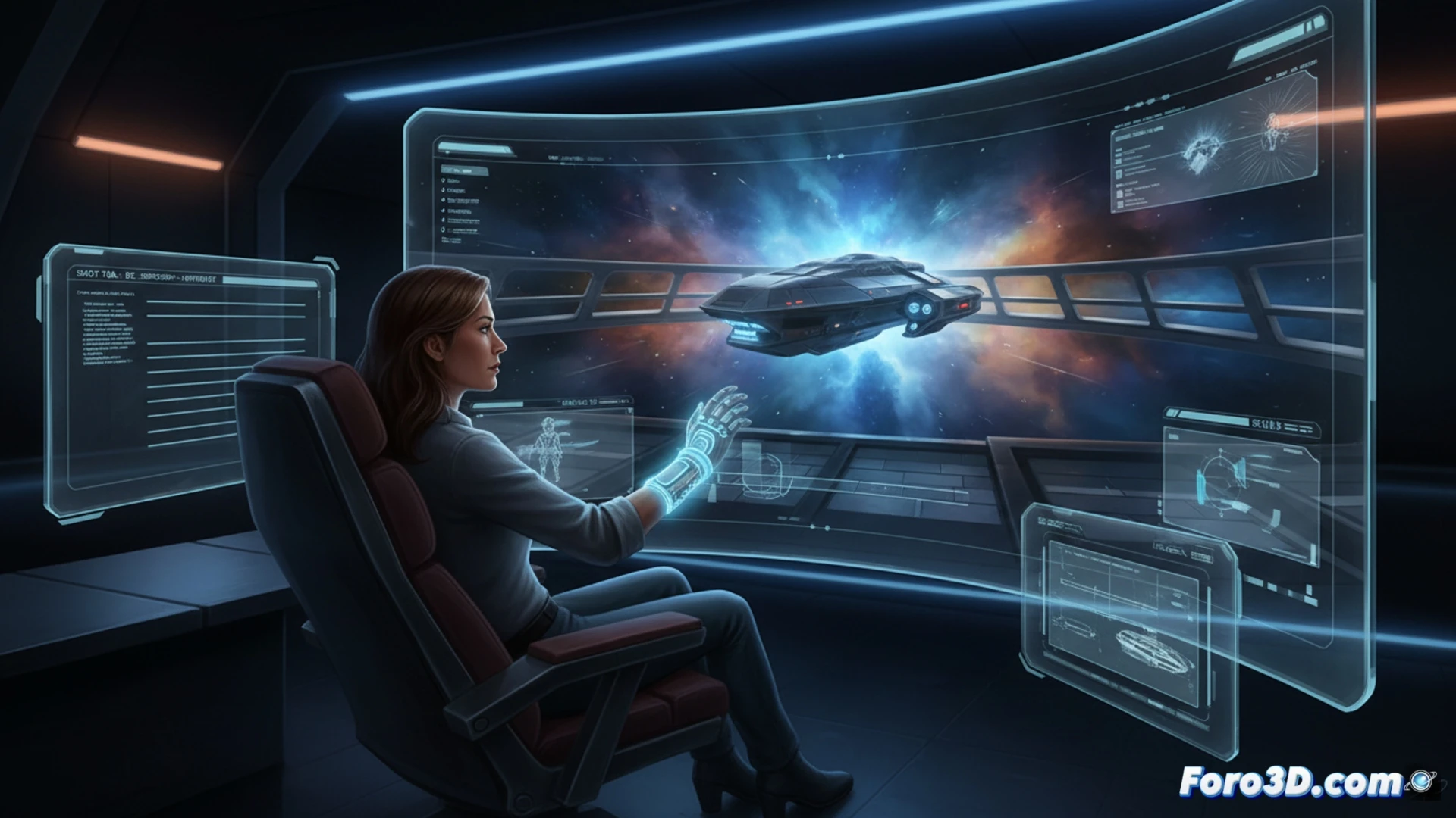 Guionista 3D modelando una nave espacial con software, visualizando escenas y movimientos de cámara antes de escribir el guion.
