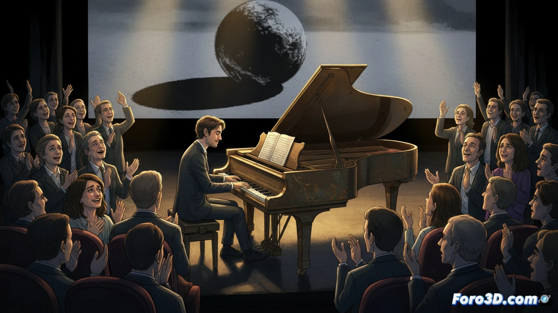 Cinematic wide shot of Guitarricadelafuente playing a grand piano on a Cannes stage, fingers pressing keys while sheet music rests on the music stand, audience silhouettes in soft focus, Penélope Cruz wiping tears in the front row, stage lights casting dramatic shadows on the piano lid, photorealistic festival atmosphere, warm amber and deep blue lighting, ultra-detailed wood grain on piano, emotional facial expressions, high-end digital photography style, 8K quality, subtle motion blur on hands during performance.