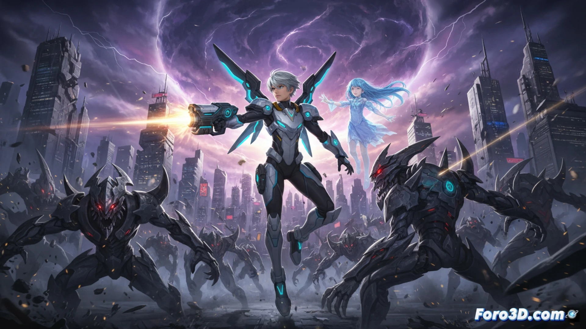 2D side-scrolling action scene, Copen in mid-air dashing forward with glowing blue energy trails from his boots and weapon, a mysterious girl with translucent white hair floating behind him pointing toward a dimensional rift crackling with purple lightning, three iX Bearer invaders emerging from the rift with angular armor and glowing red cores, shattered concrete debris suspended in motion, HUD-style interface elements floating around Copen showing energy levels and targeting reticles, cinematic game engine visualization, dramatic high-contrast lighting, neon cyan and crimson highlights on dark metallic surfaces, motion blur on fast-moving limbs, realistic particle effects, technical illustration style with clean edge lines and volumetric glow, ultra-detailed character designs