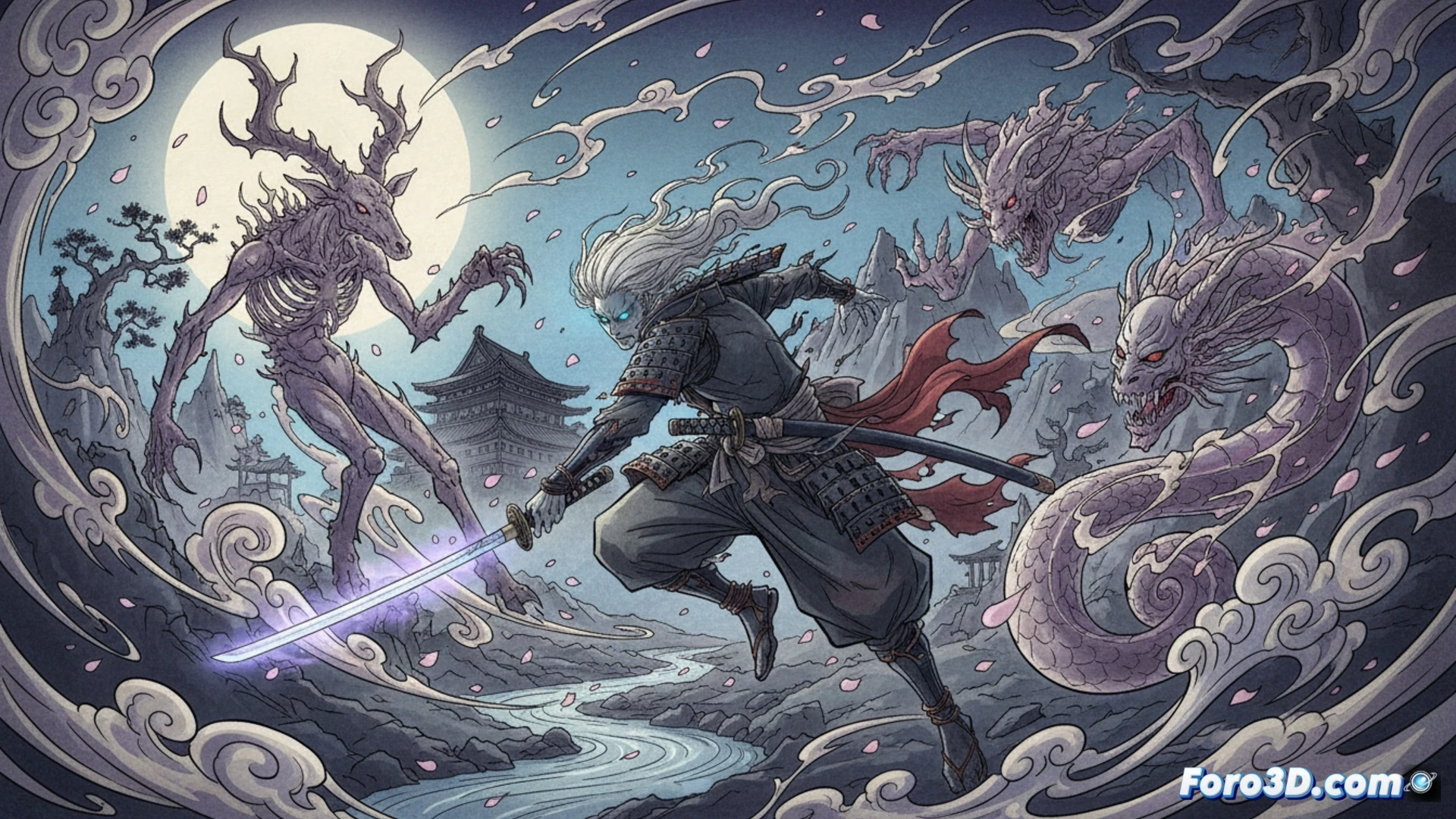 Ilustración de Rei, espíritu humano con katana, enfrentando a un Kami místico en un bosque al atardecer, con trazos de arte dibujado a mano y estilo chanbara.