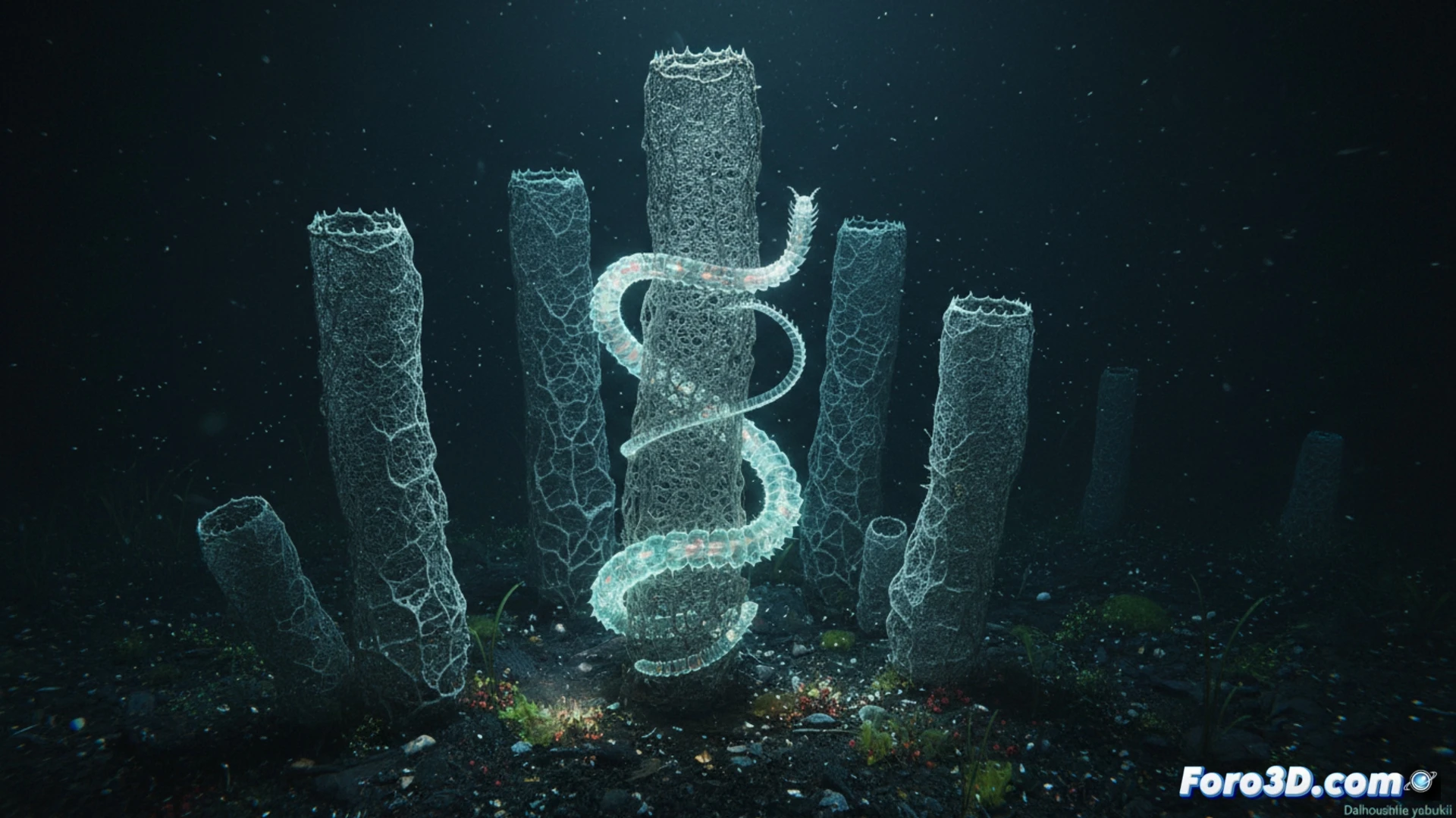 Gusano poliqueto dentro de esponja de cristal en fondo marino abisal, modelado 3D científico