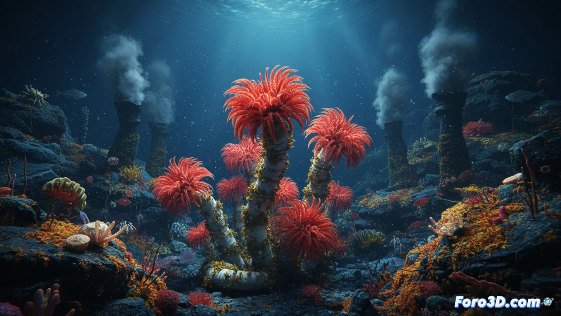 Gusano de penacho de Galápagos Lamelibrachia sp modelo 3D fotorrealista quimiosíntesis fuentes hidrotermales profundidad oceánica