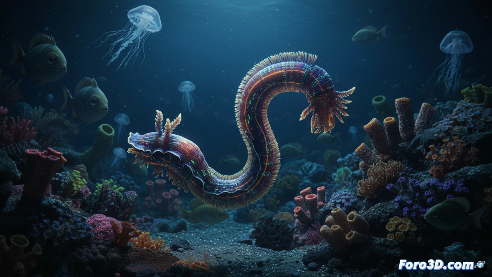 Gusano marino imitando a otra especie en el fondo oceánico del Mar de Japón, visualización 3D