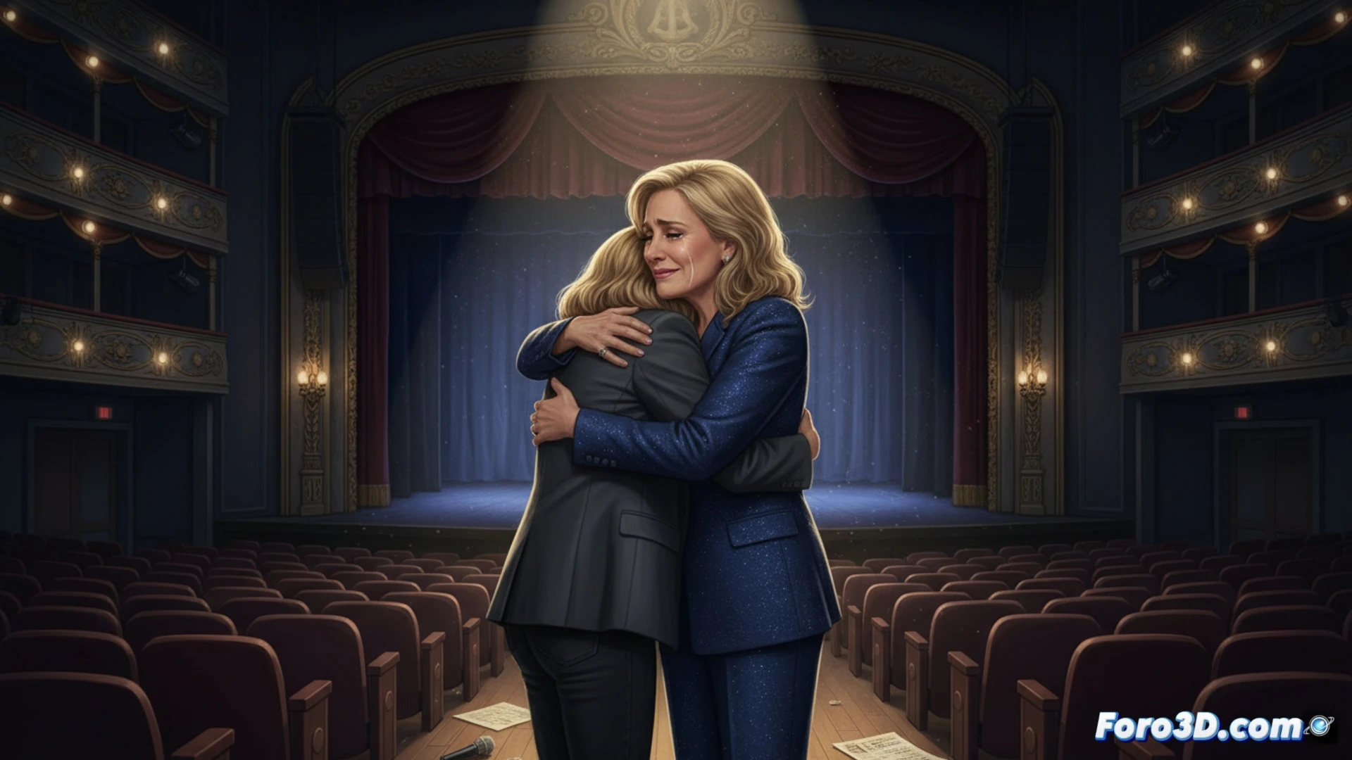 Two women embracing backstage in a dim dressing room, one older comedian in a silk robe holding a vintage microphone, the other younger writer smiling with a laptop on a cluttered makeup table, mirrors reflecting warm stage lights, unopened show curtain visible through a side door, cinematic photorealistic style, emotional farewell atmosphere, soft amber and blue lighting, dust particles floating in air, worn tour posters peeling on walls, leather sofa with scripts scattered, high-end camera lens depth of field, intimate storytelling moment