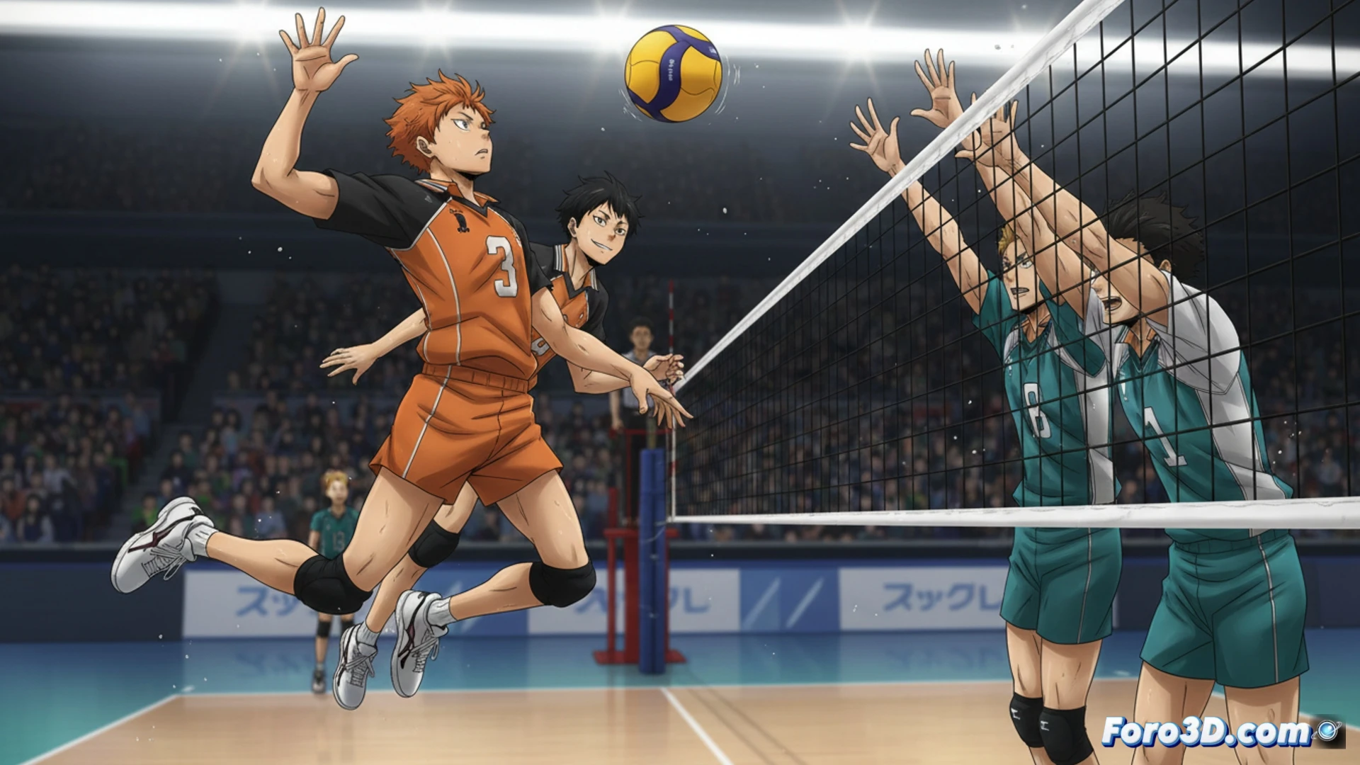 Descripción detallada para la imagen (80-120 caracteres): Hinata salta alto en la cancha, con el balón brillando entre luces dinámicas que fluyen como arte en movimiento.