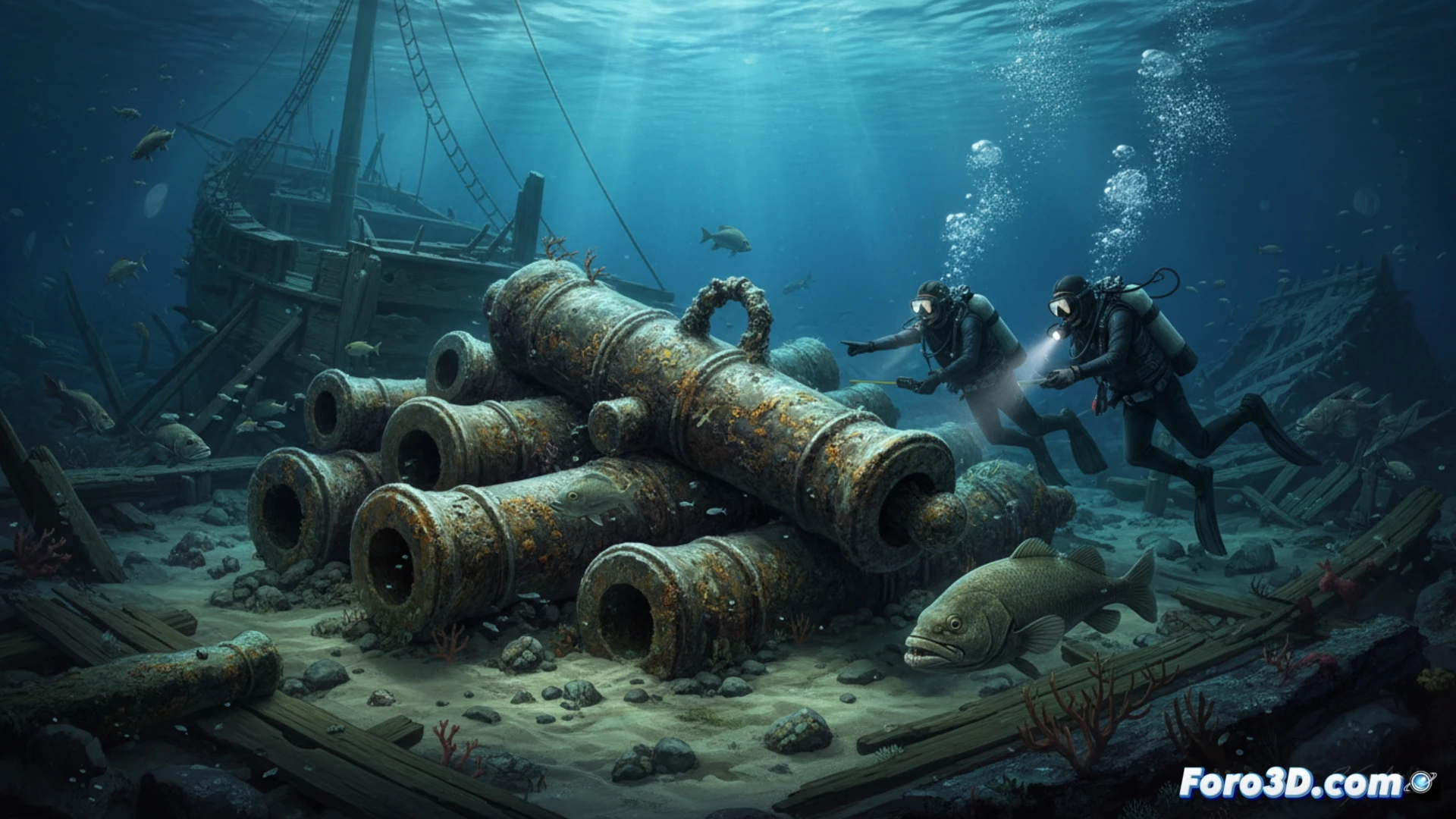 Una imagen submarina muestra 27 cañones franceses del XVII, en buen estado, sobre el lecho arenoso de la Bahía de Cádiz.