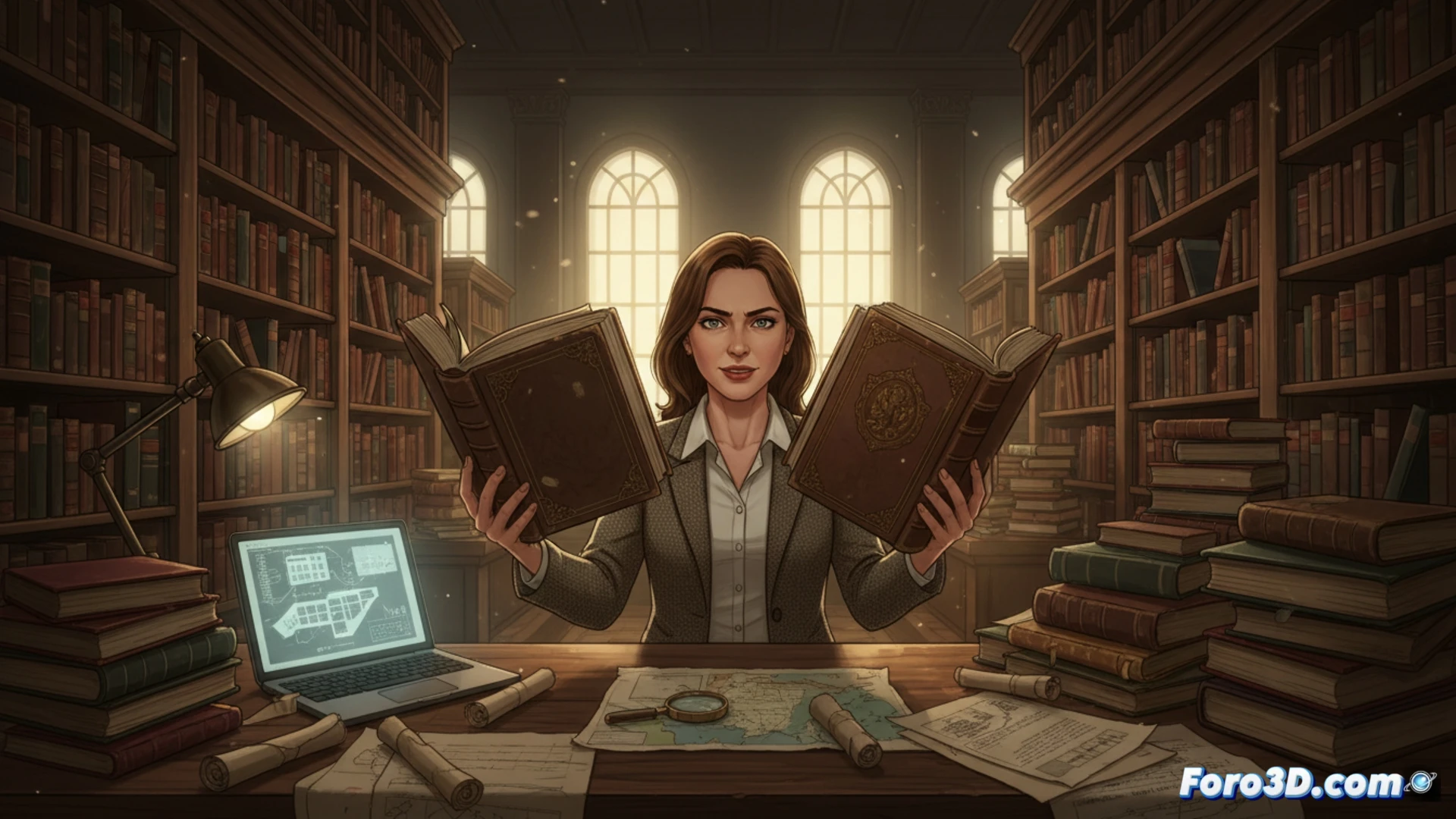 Investigadora sostiene libro antiguo anotado por Lope de Vega, mapas y catálogos detrás, estilo detectivesco.