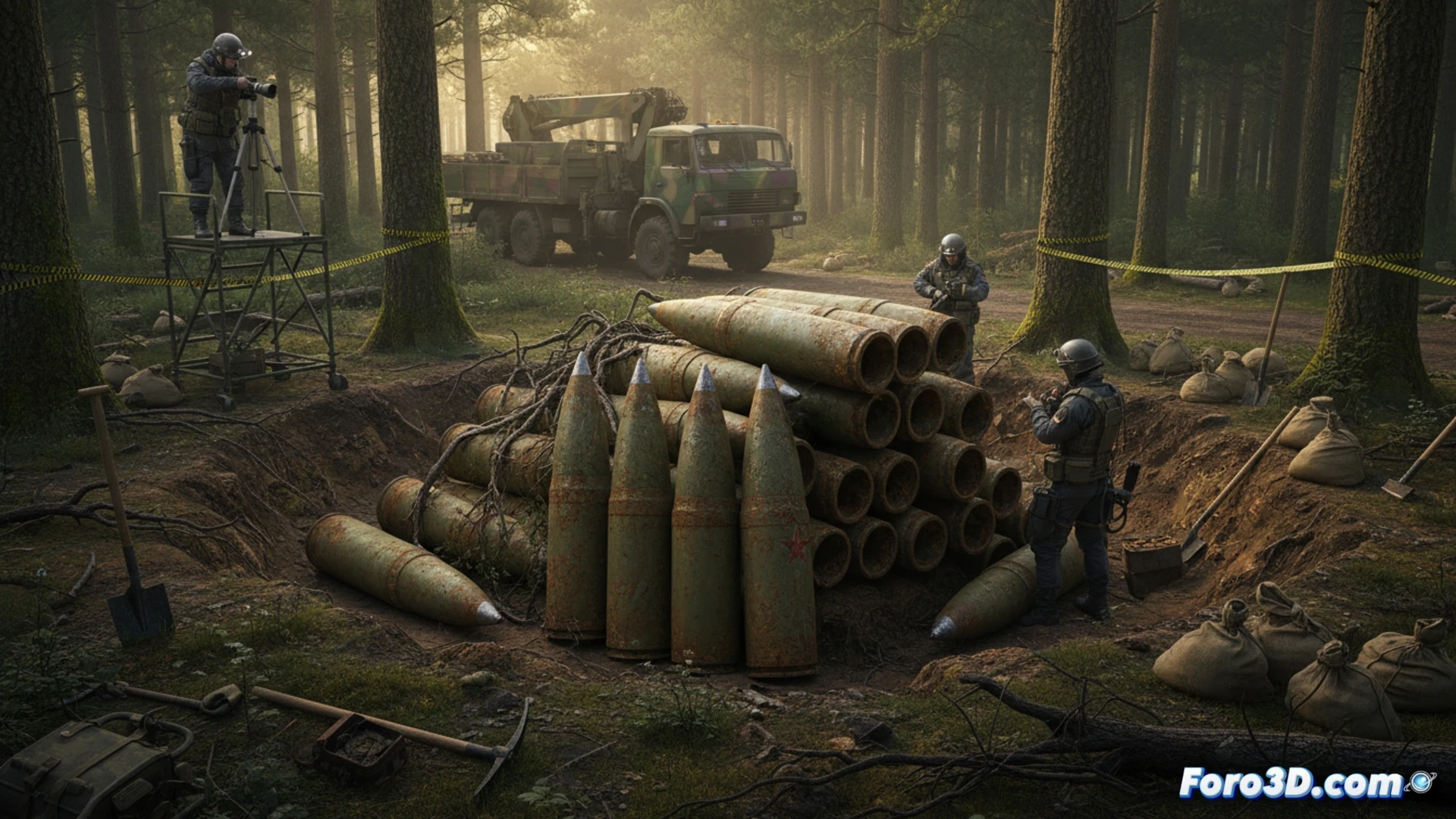 forest floor excavation scene, 59 rusty Soviet 122mm artillery shells arranged in rows partially buried in dark soil, two bomb disposal technicians in protective gear carefully using hand trowels and brushes to uncover a projectile, metal detector device resting nearby, tall pine trees and autumn leaves creating dappled sunlight, cinematic photorealistic style, dramatic low-angle shot emphasizing scale of the 1.5-tonne munition cache, rusted steel textures, dirt particles floating in air, technical documentation tablet showing ordnance diagrams on the ground, tense yet controlled atmosphere, ultra-detailed historical military equipment render