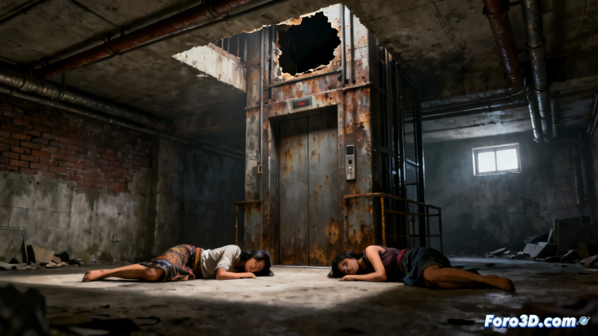 construction site basement excavation in Pollena Trocchia, two female silhouettes lying motionless on concrete floor near open elevator shaft, dust particles suspended in dim artificial light, yellow hard hats and orange safety vests abandoned on metal scaffolding, forensic investigators in white suits measuring distances with laser tape, yellow evidence markers placed on ground, concrete pillars casting long shadows, exposed rebar and electrical conduits on unfinished walls, dramatic chiaroscuro lighting from single work lamp, photorealistic crime scene visualization, raw industrial atmosphere, gritty textures on wet cement, high-angle shot showing spatial relationship between shaft openings and bodies, cinematic documentary style