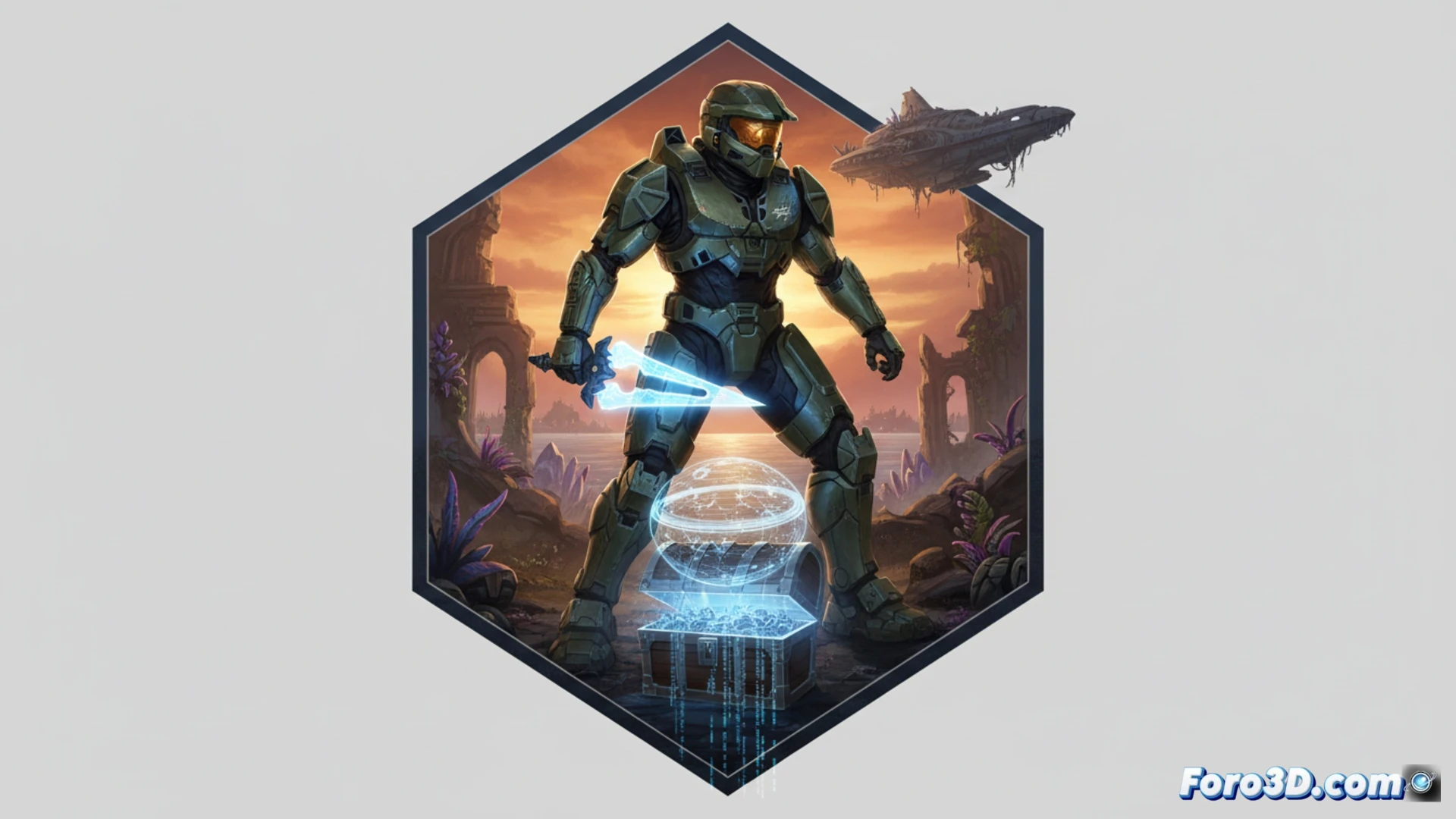 Un monitor Forerunner flota sobre un paisaje alienígena, con el emblemático casco del Jefe Maestro al fondo.