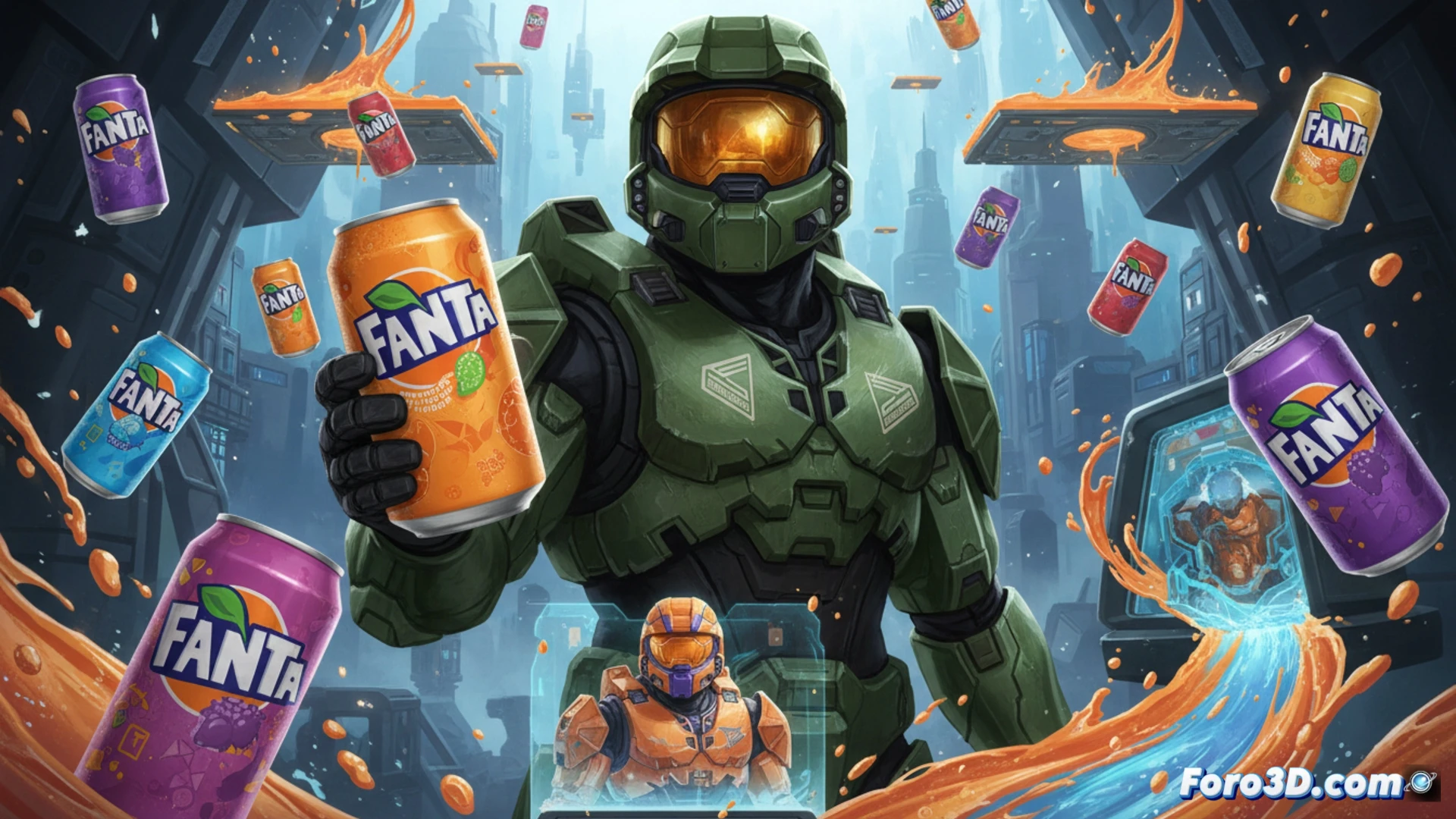 Dos latas de Fanta naranja con diseño Spartan de Halo, junto a un mando de Xbox y cascos de jefe Maestro.