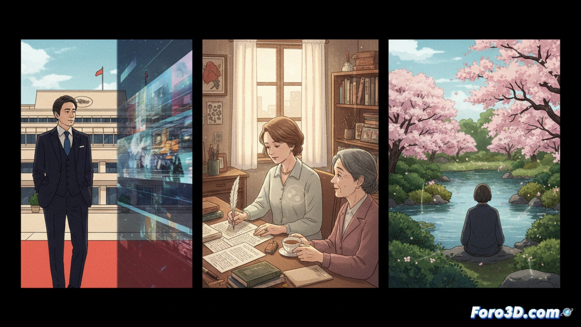 Fragmented mirror reflecting two women in a dim Parisian apartment, one elderly holding a ceramic teacup while the other types on a vintage laptop, a single sheet of handwritten script drifting onto a wooden floor, cinematic photorealistic style, soft window light casting long shadows, dust particles suspended in air, worn leather armchair in background, medical wristband visible on the typing hand, technical composition with shallow depth of field, muted earth tones with a single blue hospital blanket accent, ultra-detailed textures of paper grain and fabric weave