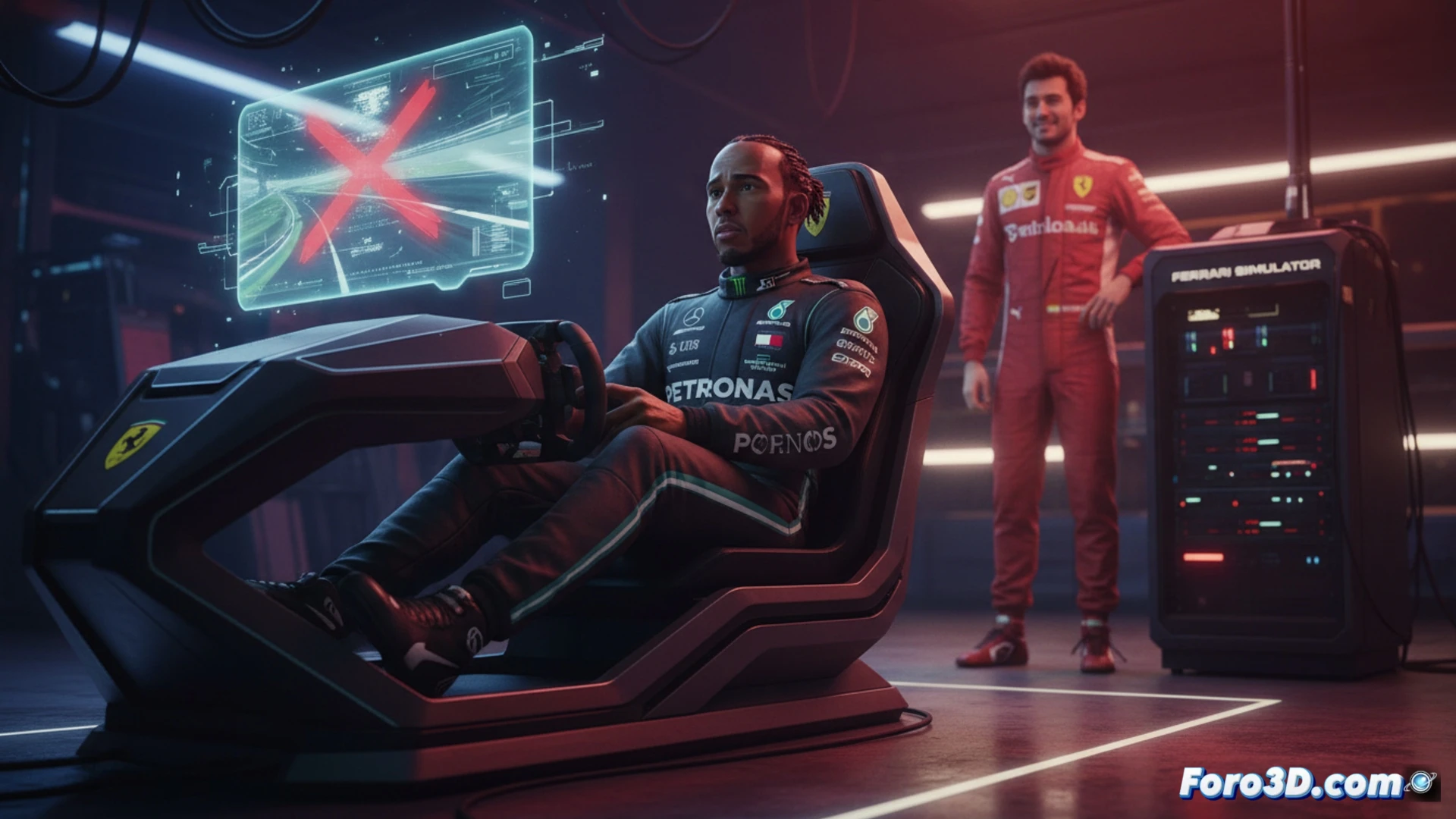Lewis Hamilton señala un simulador Ferrari rojo, frustrado; al fondo, Charles Leclerc celebra en podio de Miami.