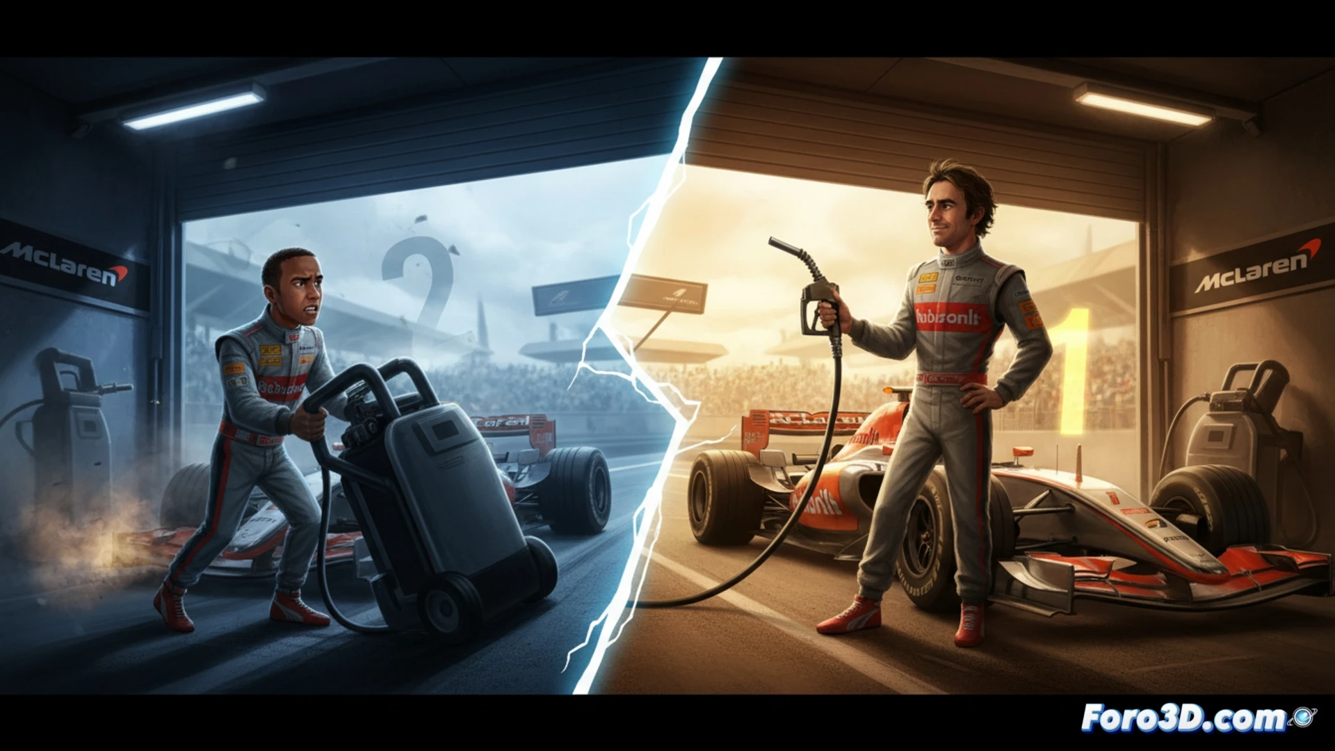 Two Formula 1 drivers side by side in identical 2007 McLaren pit garage, one driver’s car receiving fuel rig adjustment while the other watches crew bypass his car, visible fuel load gauges showing different levels, pit crew pointing at telemetry screens displaying asymmetric strategy data, tension in body language, dramatic overhead cinematic lighting, photorealistic engineering visualization, carbon fiber monocoques, tire blankets glowing, metallic blue and chrome livery, shallow depth of field focusing on fuel nozzle and crew interaction