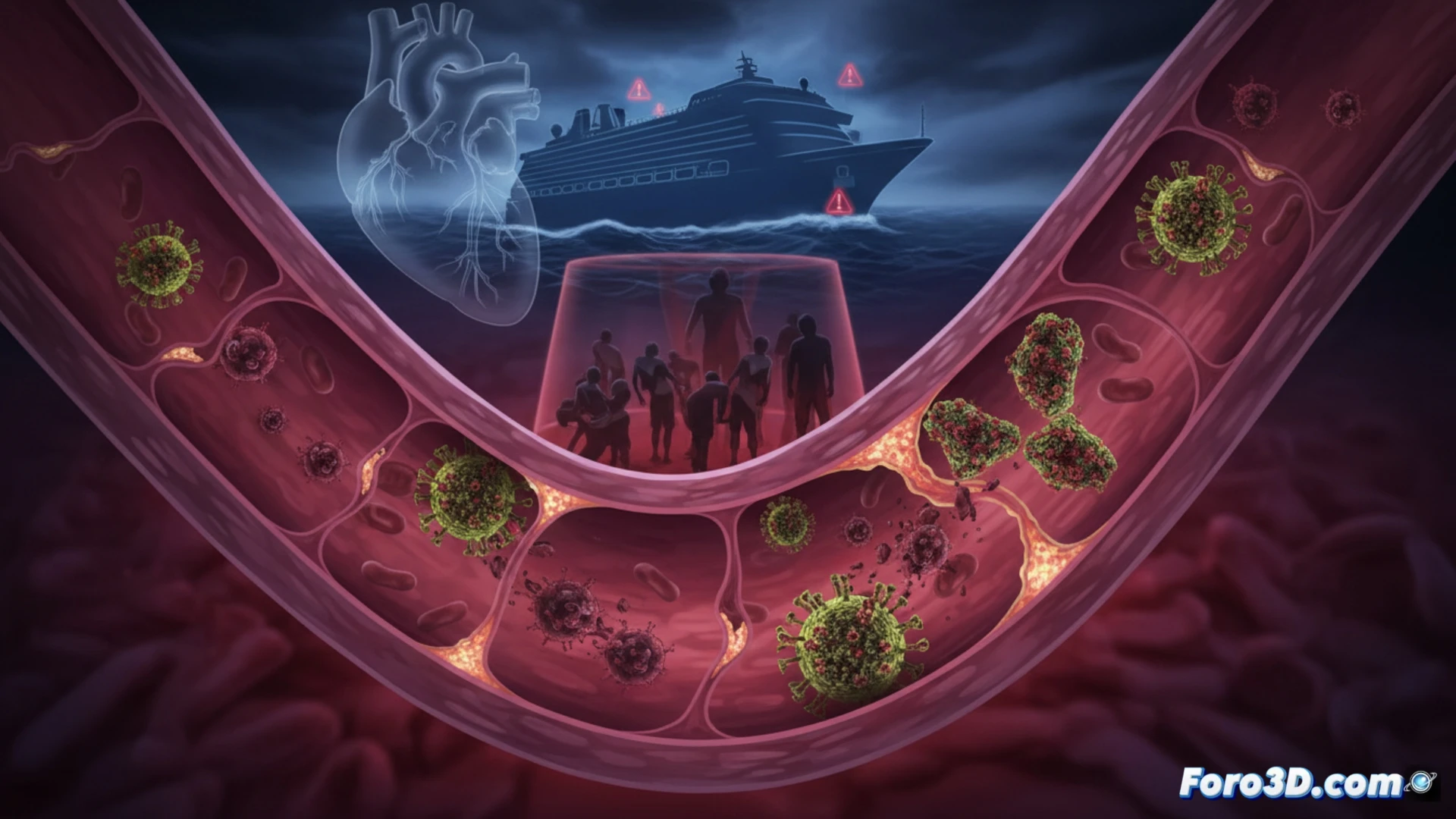 Cross-section of a human vein showing hantavirus particles attaching to endothelial cells, cells becoming dysfunctional and leaking blood plasma into surrounding tissue, immune cells failing to recognize the virus, four viral spike proteins glowing red, incubation period clock overlay showing 45 days, cinematic medical illustration style, dark crimson and blue color palette, photorealistic biological textures, dramatic side lighting, microscopic scale, ultra-detailed cellular structures, floating viral particles in bloodstream, technical medical visualization
