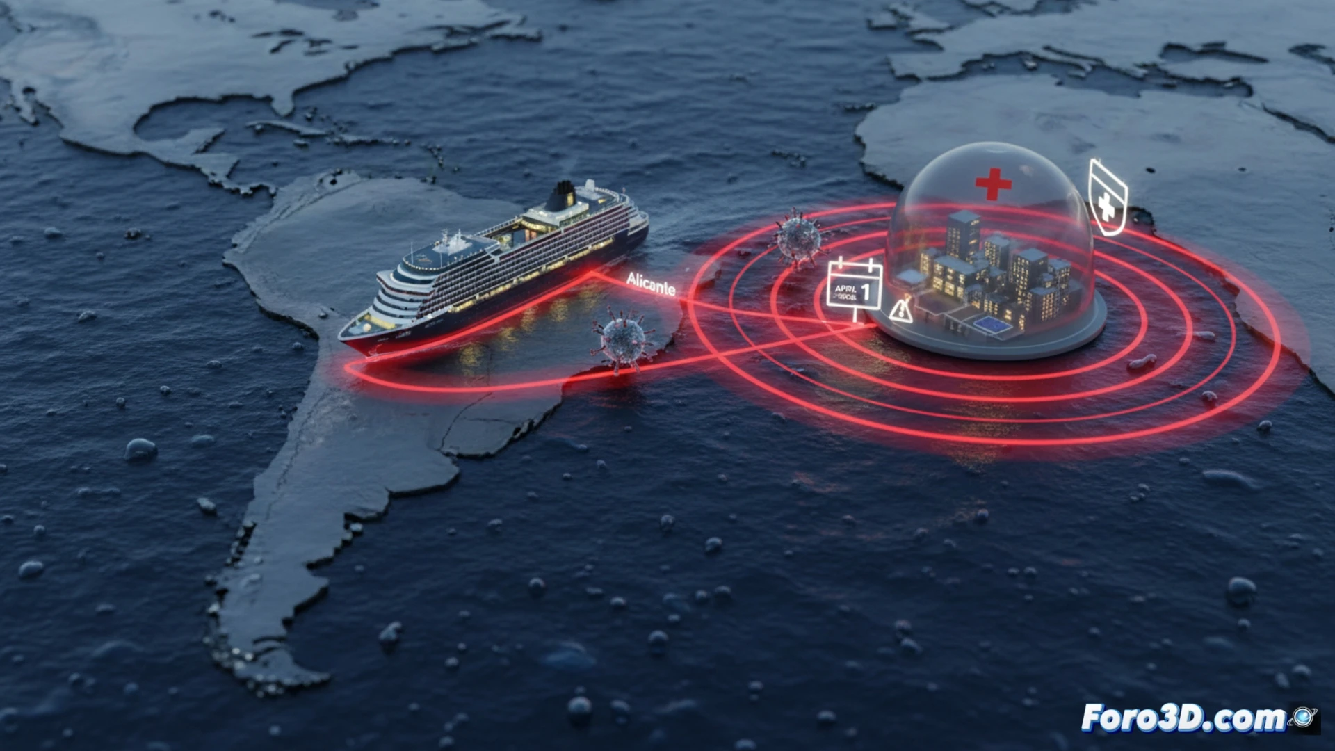 Infografía 3D del crucero MV Hondius y ruta de contagio de hantavirus en Alicante, con mapa epidemiológico visual