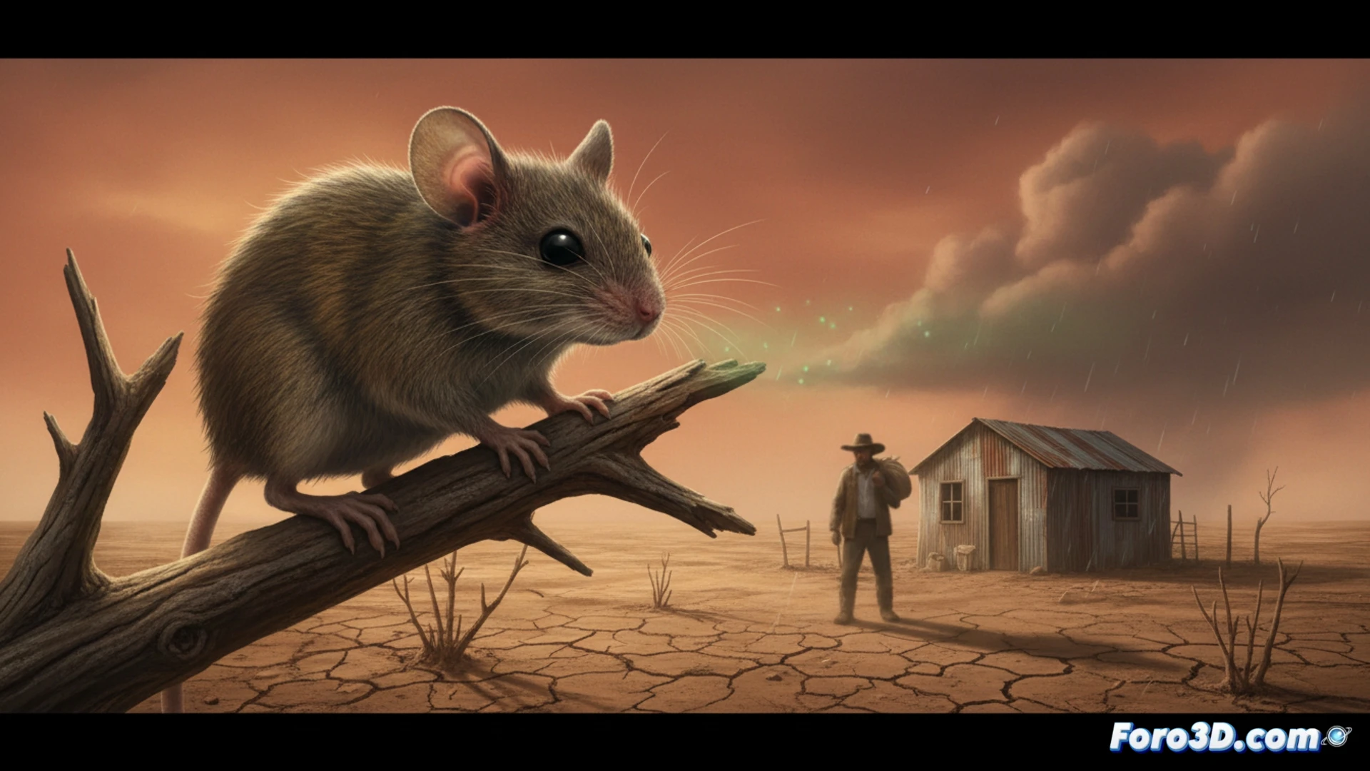 rural Argentinean farmhouse at dusk, a farmer in protective gear spraying disinfectant near a wooden shed, a dead rodent visible on the ground, another rodent scurrying along a dry irrigation ditch, cracked earth and sparse vegetation, dramatic storm clouds on the horizon suggesting climate change, technical illustration style, photorealistic, wide-angle lens, high contrast lighting, medical safety context, hyperdetailed textures on soil and wood, cinematic documentary aesthetic
