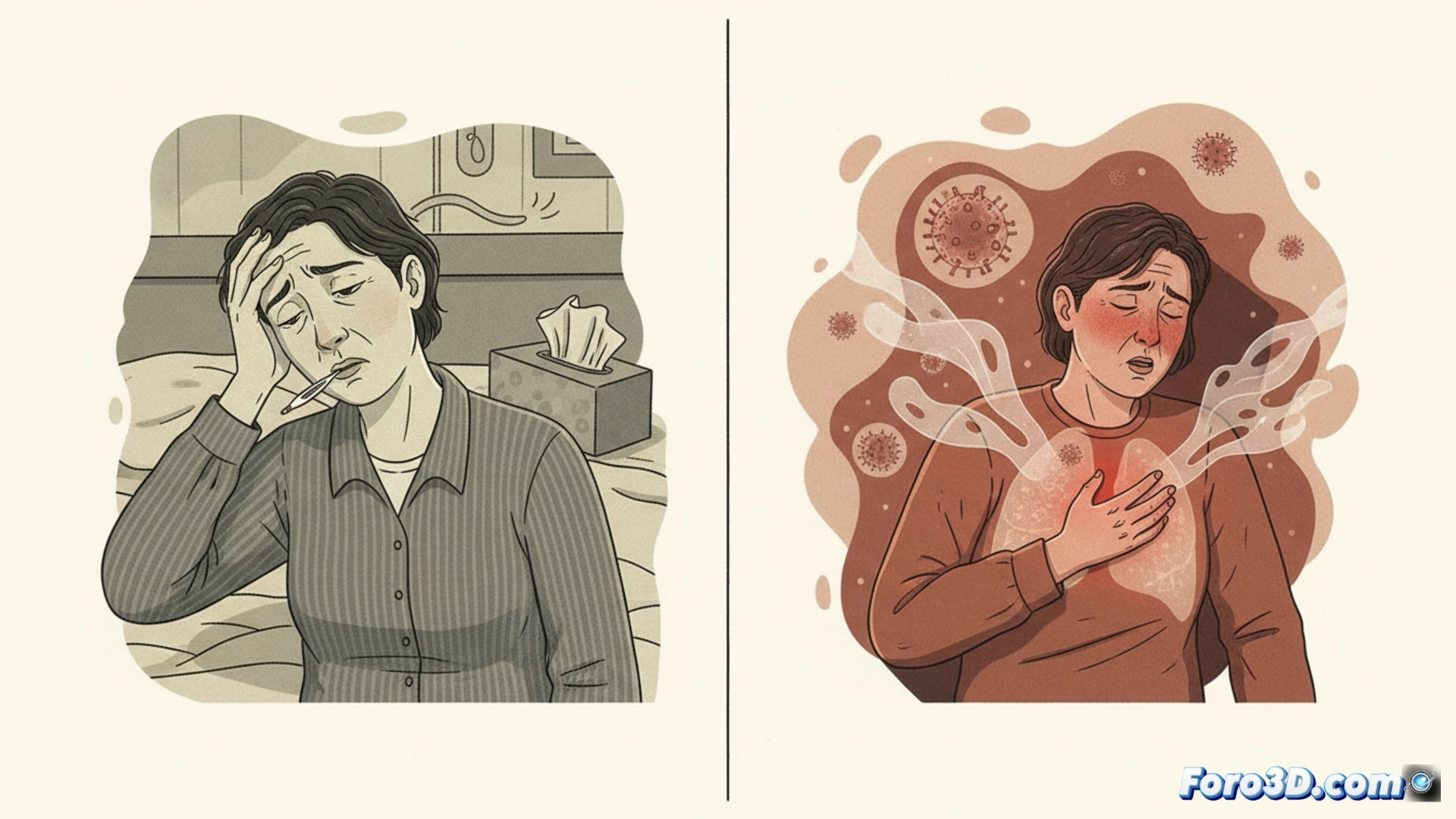 Ilustración médica realista: pulmones humanos semi-transparentes con zonas rojizas inflamadas, rodeados de símbolos virales verdes. Al fondo, una silueta de persona con termómetro y mano en la cabeza, indicando fiebre y dolor. Colores fríos contrastan con detalles en rojo y verde.