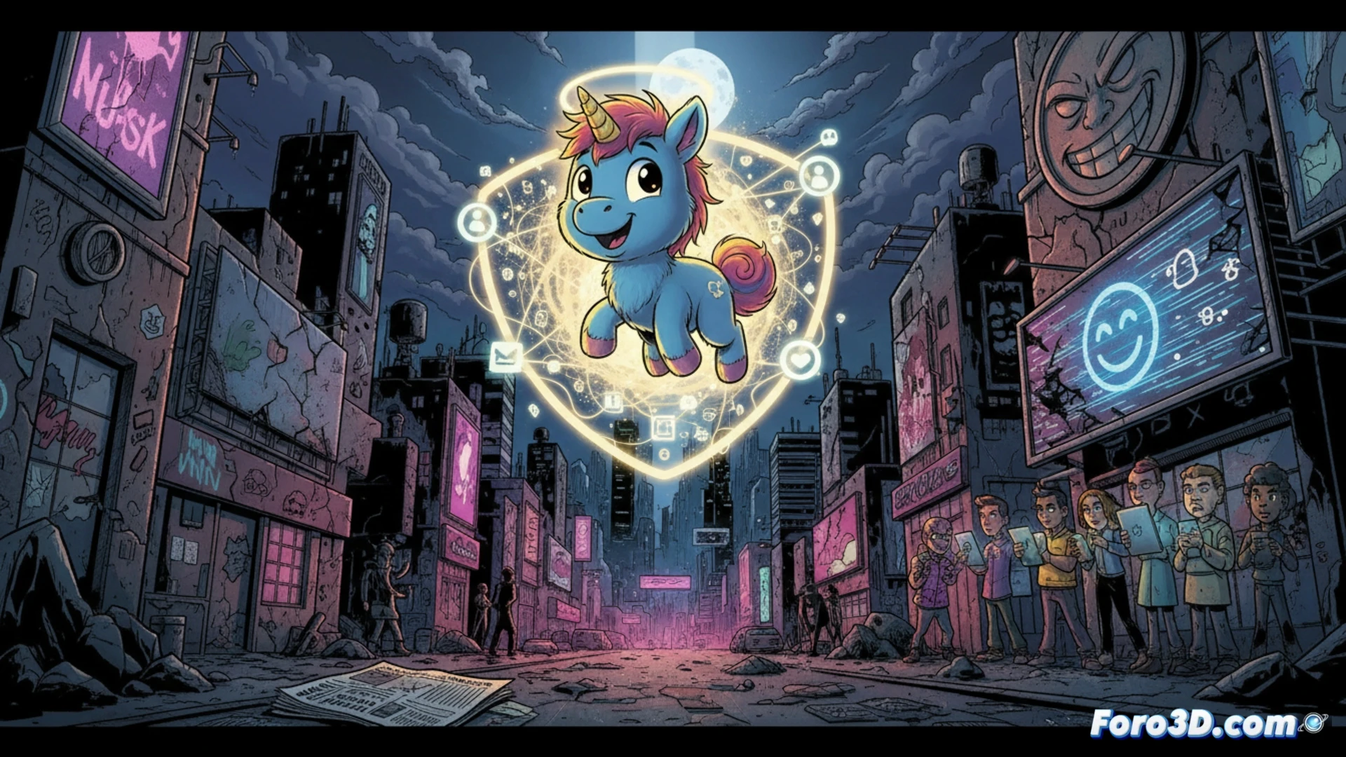 Unicornio azul alado sobre fondo oscuro de ciudad sucia, contraste visual de Happy cómic