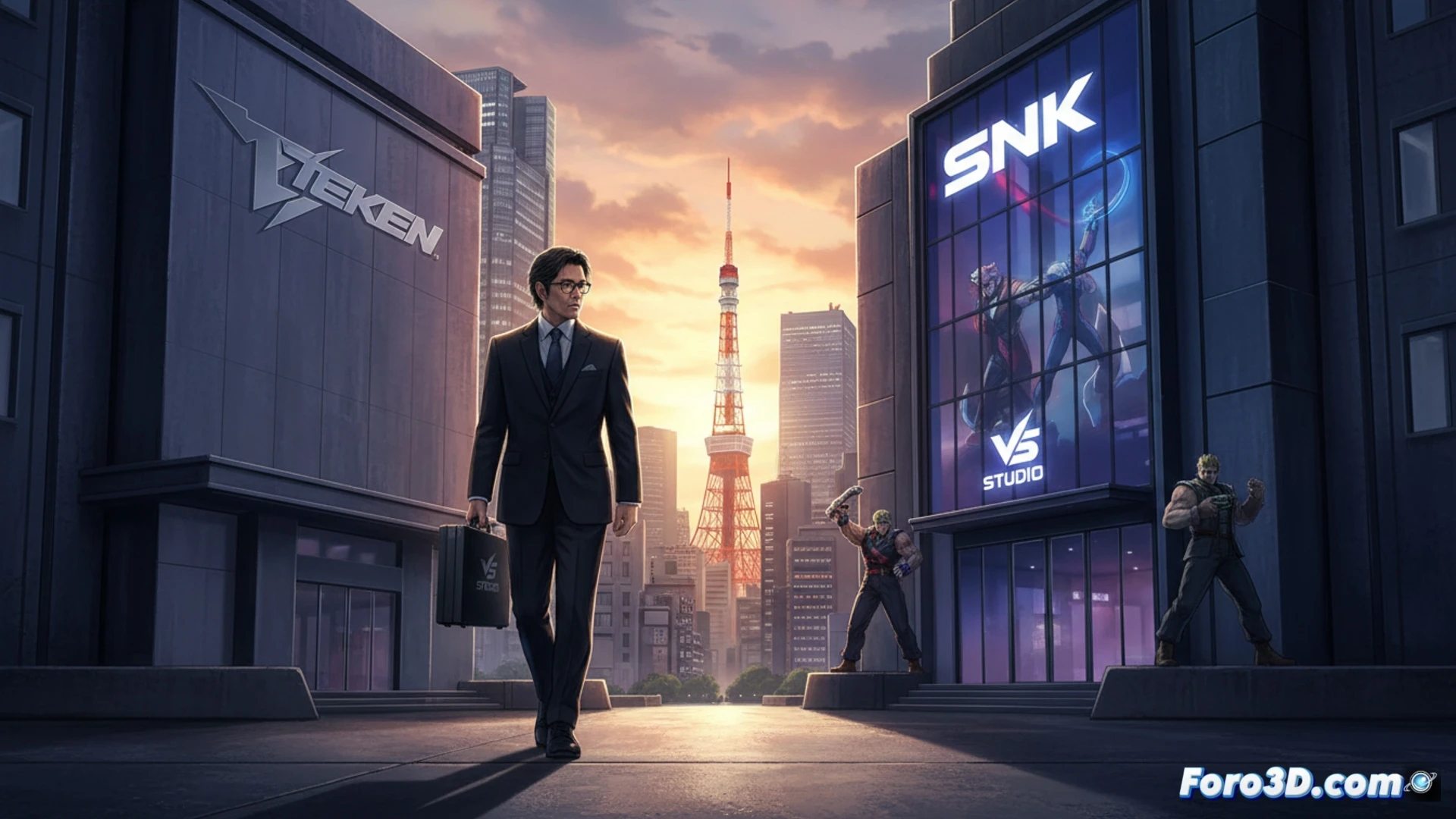Katsuhiro Harada frente a un cartel de VS Studio SNK en Tokio, con logotipos de Tekken y SNK al fondo, simbolizando su salida de Bandai Namco.