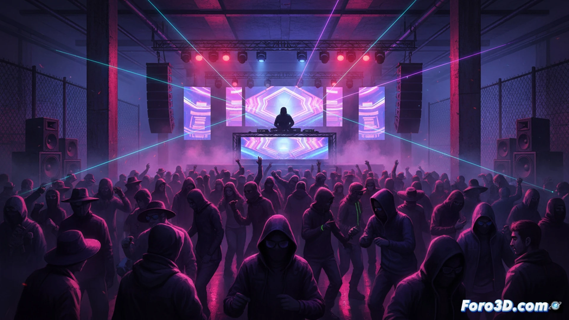 dark warehouse rave scene at night, young dancers moving intensely with faces hidden by black balaclavas and scarves, strobe lights flashing over a crowd, DJ booth with turntables and mixer glowing red, speaker stacks vibrating with bass, sweat droplets suspended in air, motion blur on arms and legs, industrial concrete walls, smoke machines releasing thick haze, cinematic photorealistic style, dramatic low-angle lighting from stage, ultra-detailed crowd silhouettes, high contrast shadows, intense rave atmosphere