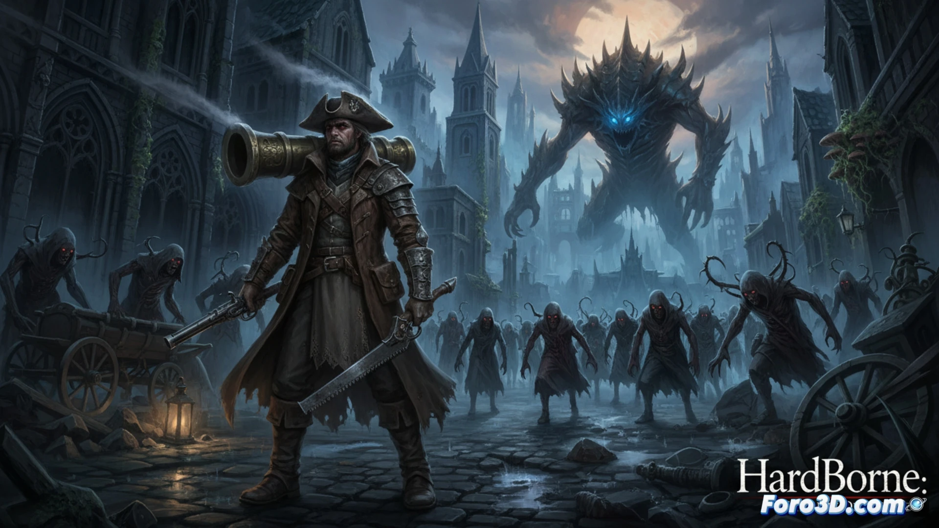 blood-soaked gothic streets of Yharnam at night, hooded protagonist Nevel wielding a transformed trick weapon mid-swing, glowing blue experimental serum vials attached to belt, hordes of mutated plague victims with glowing eyes charging forward, broken cobblestones and rusted iron fences, fog and embers in the air, cinematic photorealistic technical illustration, dynamic combat pose, dramatic chiaroscuro lighting, particle effects from weapon impact, ultra-detailed armor and architectural decay, high-contrast dark fantasy atmosphere