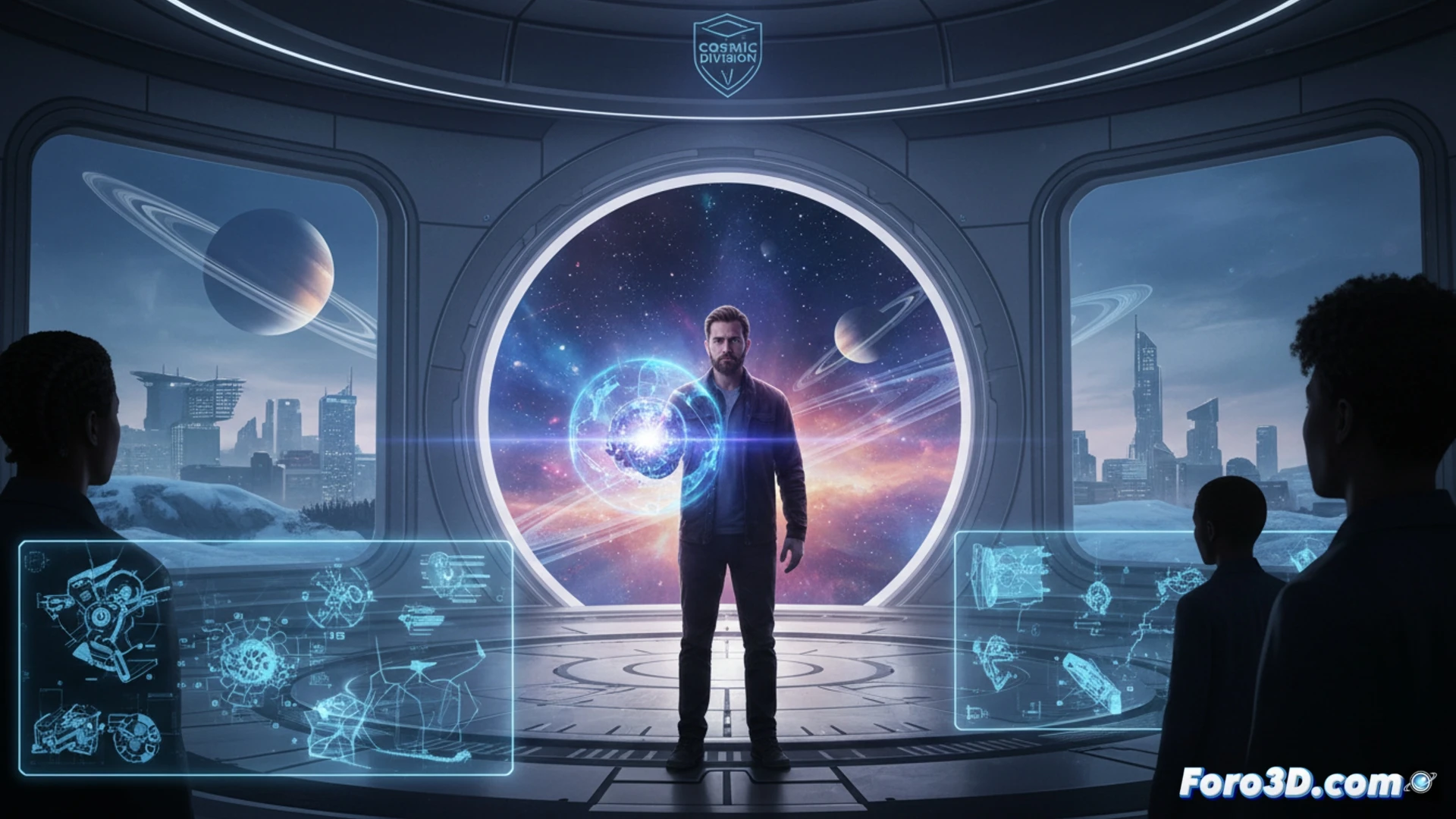 Harry Krueger standing inside a minimalist Helsinki game studio, gesturing toward a holographic display showing a fragmented Returnal biome reassembling into an abstract geometric shape, surrounded by young developers sketching concept art on tablets and assembling a prototype arcade cabinet, cinematic technical illustration, cool blue and orange neon lighting reflecting on polished concrete floors, high-end PC workstation with dual monitors displaying Unreal Engine blueprint nodes, motion blur on gesturing hands, photorealistic engineering visualization, dramatic shadows, ultra-detailed studio equipment