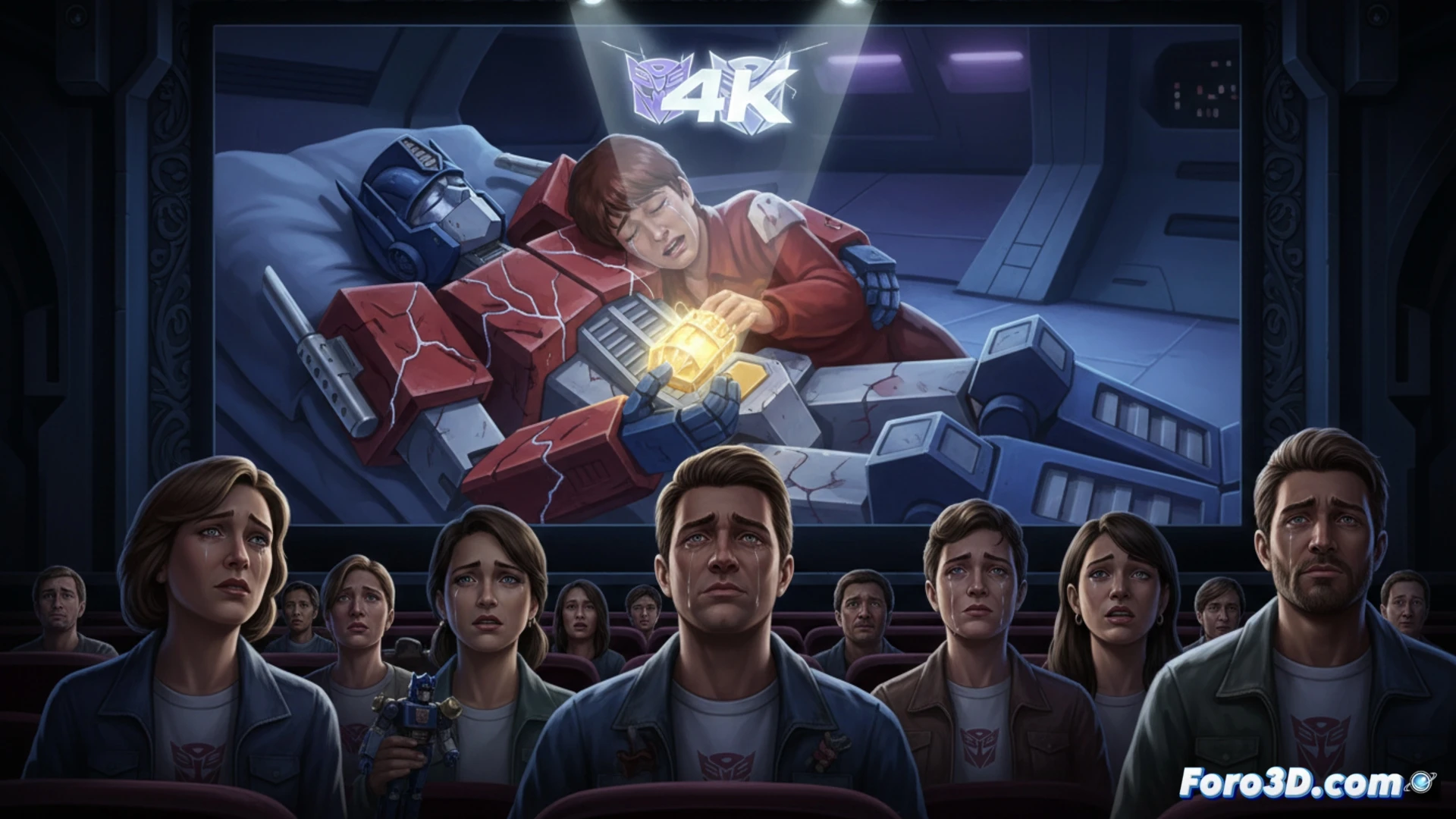 cinematic scene of Optimus Prime falling in slow motion, glowing blue spark trails from damaged joints, massive 4K remastering scanner beam sweeping across his chest, digital restoration grid lines overlaying his metallic frame, floating 35mm film reels dissolving into pixel data streams, dark theatrical auditorium background with empty red seats, dramatic blue and orange lighting, photorealistic technical illustration, ultra-detailed mechanical textures, motion blur on falling debris, nostalgic emotional atmosphere