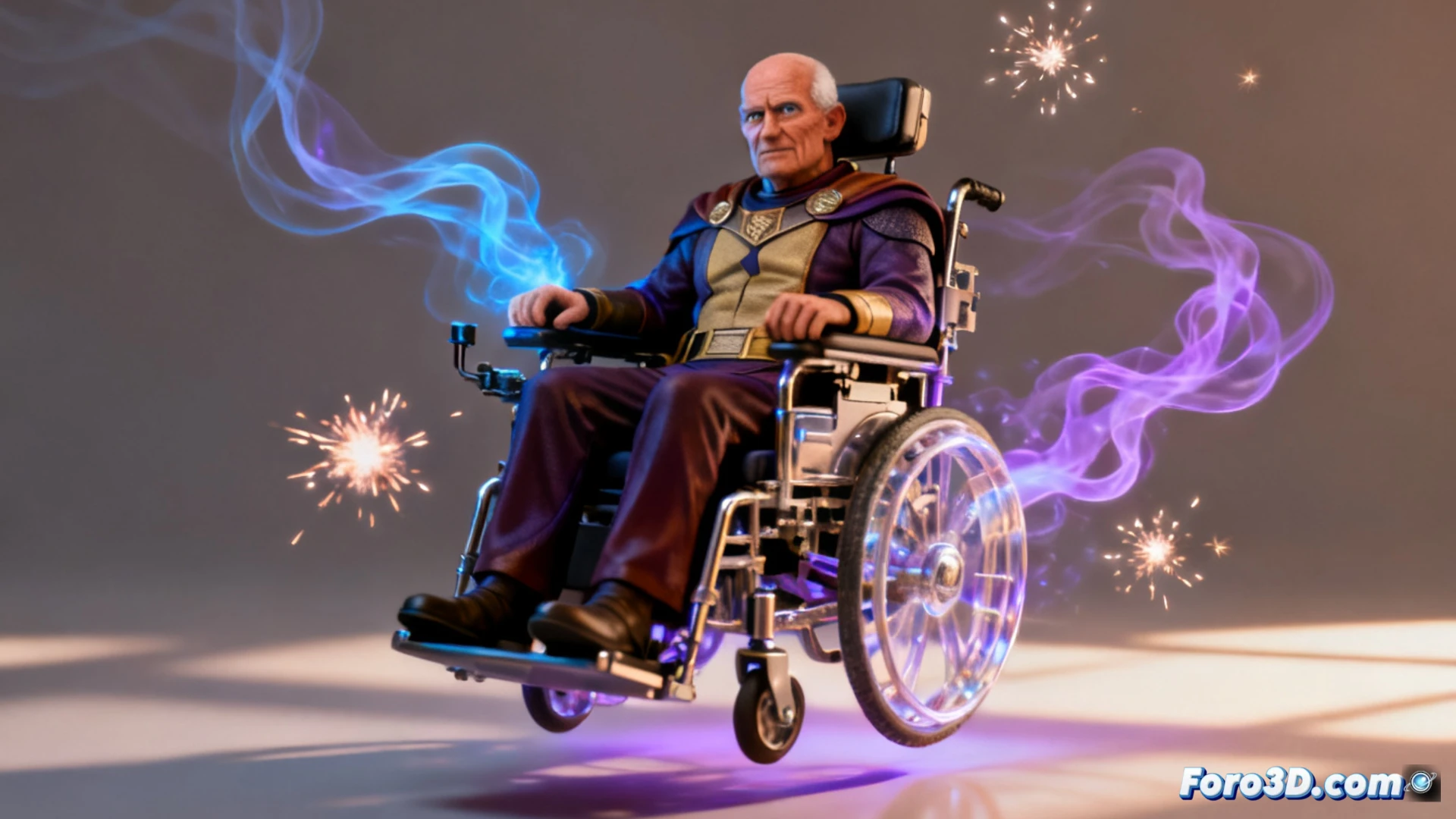 Profesor Xavier en silla flotante con efectos psíquicos azules brillantes, mostrando explosiones removibles de energía naranja alrededor de la base, durante una demostración de ingeniería de prototipo, sobre una mesa de diseño con herramientas de modelado 3D y tabletas digitales, luces de estudio técnico, estilo photorealistic cinematic, detalles metálicos pulidos en la silla, cables y conectores visibles en el soporte, fondo oscuro con reflejos de pantallas de software CAD, alta definición de texturas plásticas y eléctricas.
