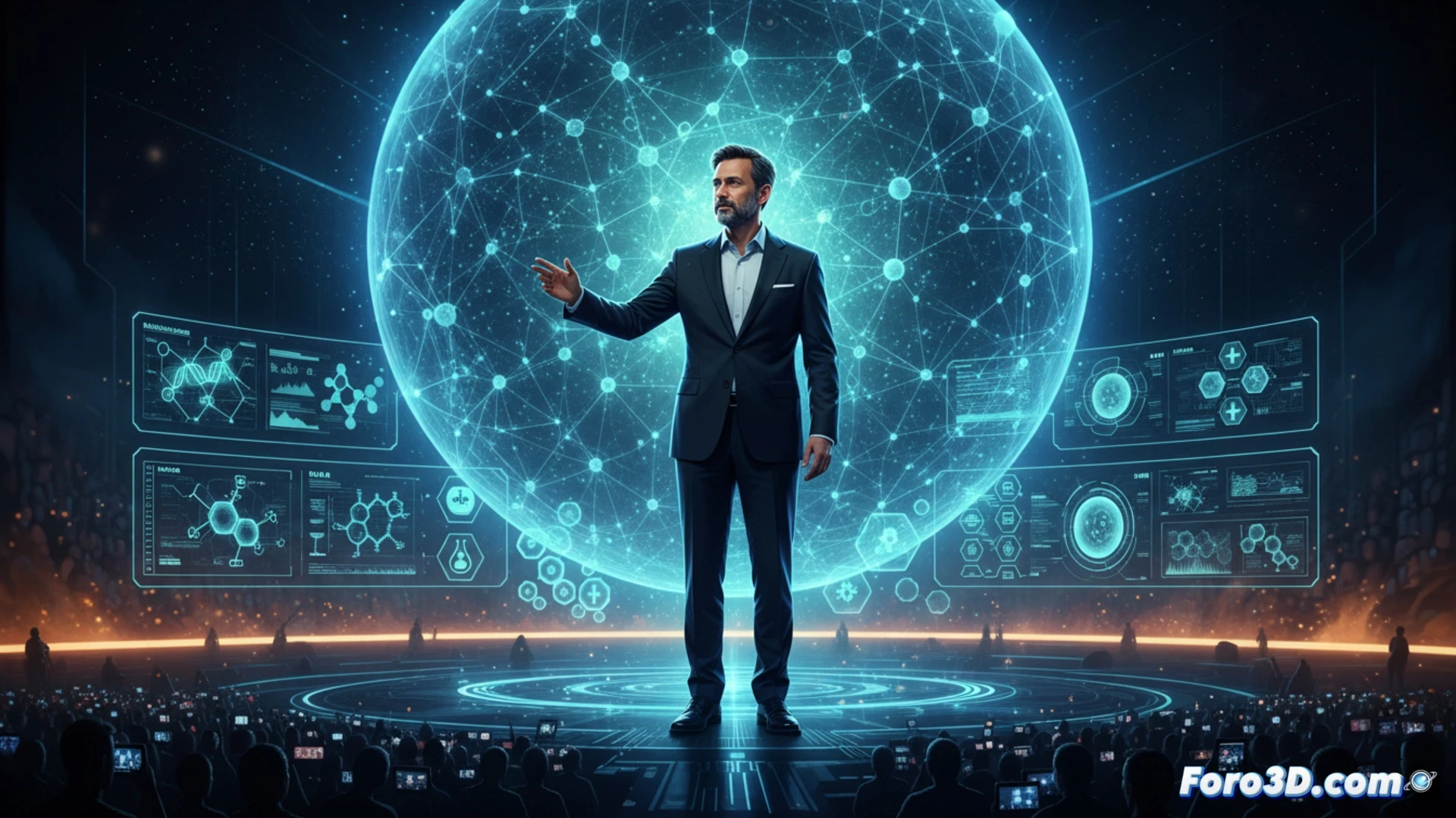 Demis Hassabis en escenario futurista de Google I/O 2026, sosteniendo un cristal molecular holográfico brillante mientras una pantalla translúcida muestra Gemini for Science analizando estructuras proteicas en tiempo real, fármacos sintéticos formándose en nanoviales bajo luz azul, algoritmos de IA visualizados como líneas de código pulsantes conectando datos genómicos, audiencia tecnológica observando, fondo con paneles LED azul cobalto y grafeno, estilo cinematográfico hiperrealista, iluminación dramática de estudio, render técnico fotorealista, texturas metálicas y de vidrio, atmósfera de revelación histórica
