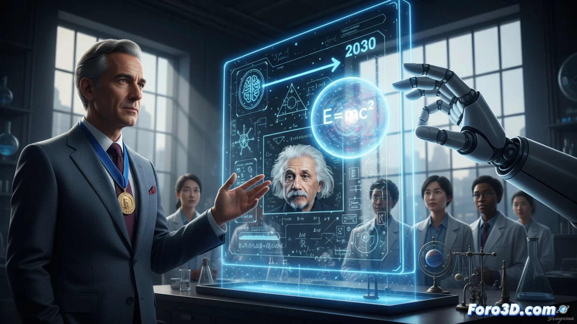 A glowing quantum chip core at the center of a minimalist physics laboratory, neural network pathways branching outward like golden threads, a holographic projection of Einstein’s 1905 relativity equations being decoded by an AI system, while a human hand points toward a countdown clock reading 2030, cinematic technical illustration, photorealistic metallic surfaces, deep blue ambient light, floating particle data streams, precise engineering visualization, dramatic shadows highlighting the chip’s layered architecture