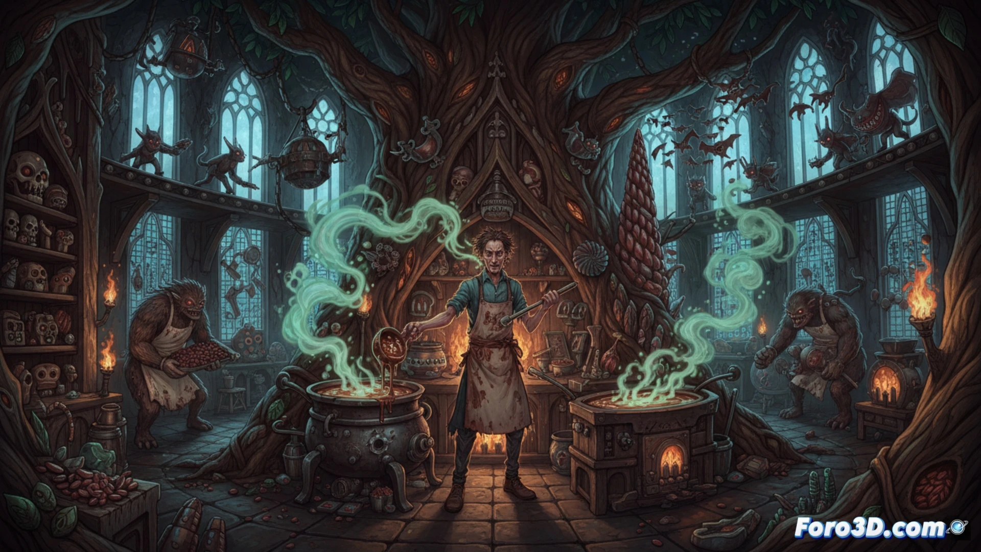 Haunted Chocolatier protagonist walking through a foggy forest path at twilight, holding a glowing chocolate truffle in one hand while a spectral shadow creature emerges from behind a twisted tree, multiple inventory slots visible on a floating UI panel showing weapons and ingredients, cinematic fantasy illustration, eerie blue-green lighting, detailed monster design with translucent body, cobblestone path leading to a distant haunted castle, mist particles floating, dynamic pose demonstrating exploration and combat readiness, photorealistic digital painting style with subtle glow effects