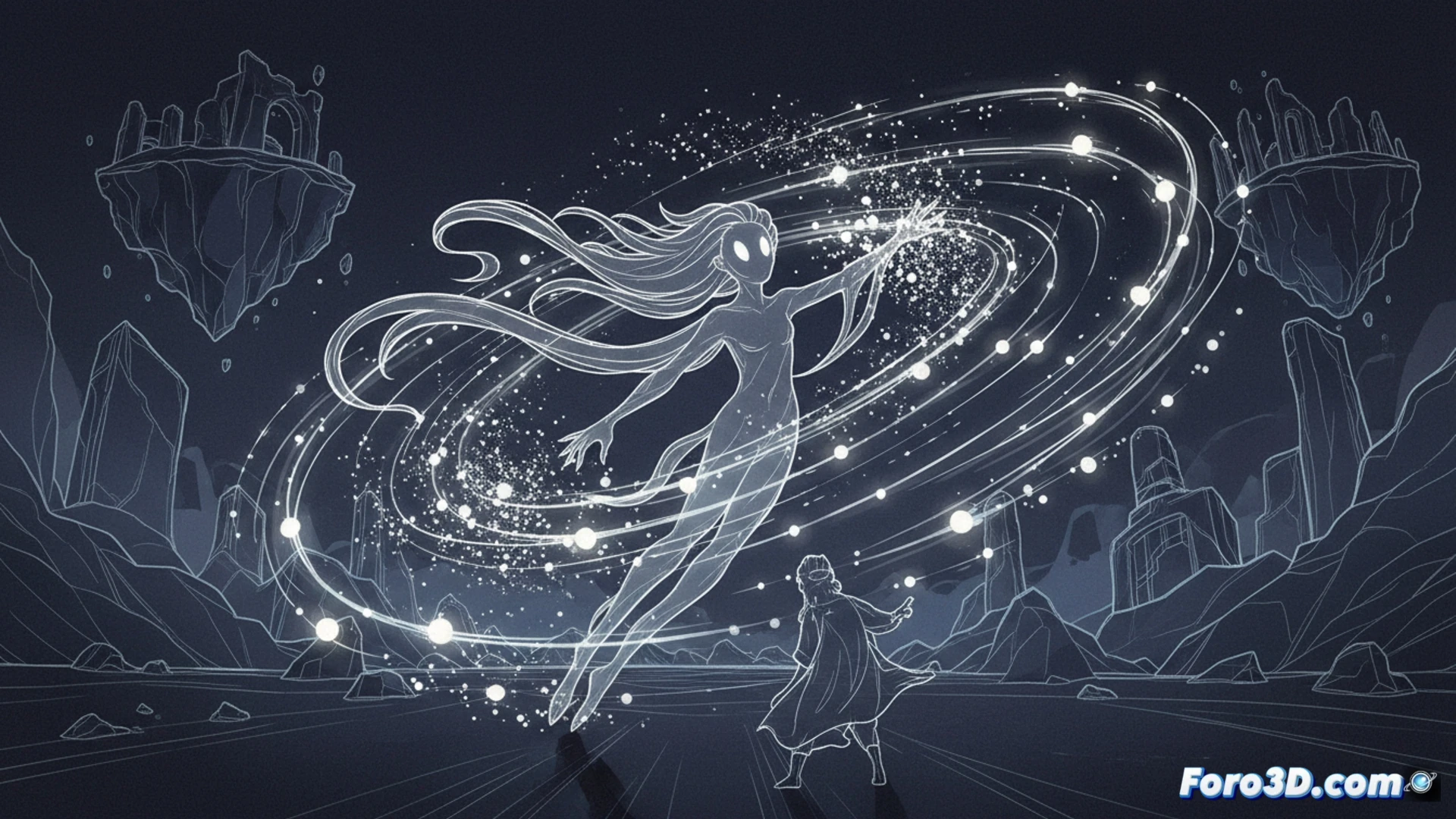 Hauntii juego indie line art blanco y negro con partículas espirituales brillantes en movimiento
