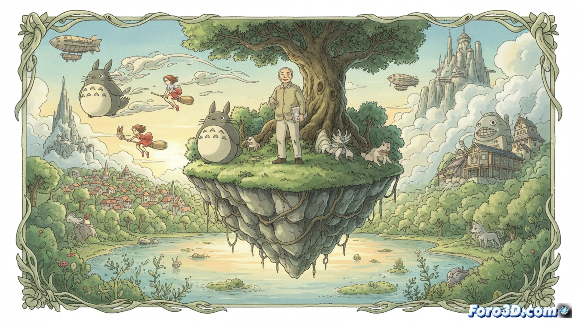 Miyazaki dibuja a mano, con paciencia: una brizna de hierba y un plato de ramen humeante, en un mundo mágico de calma.