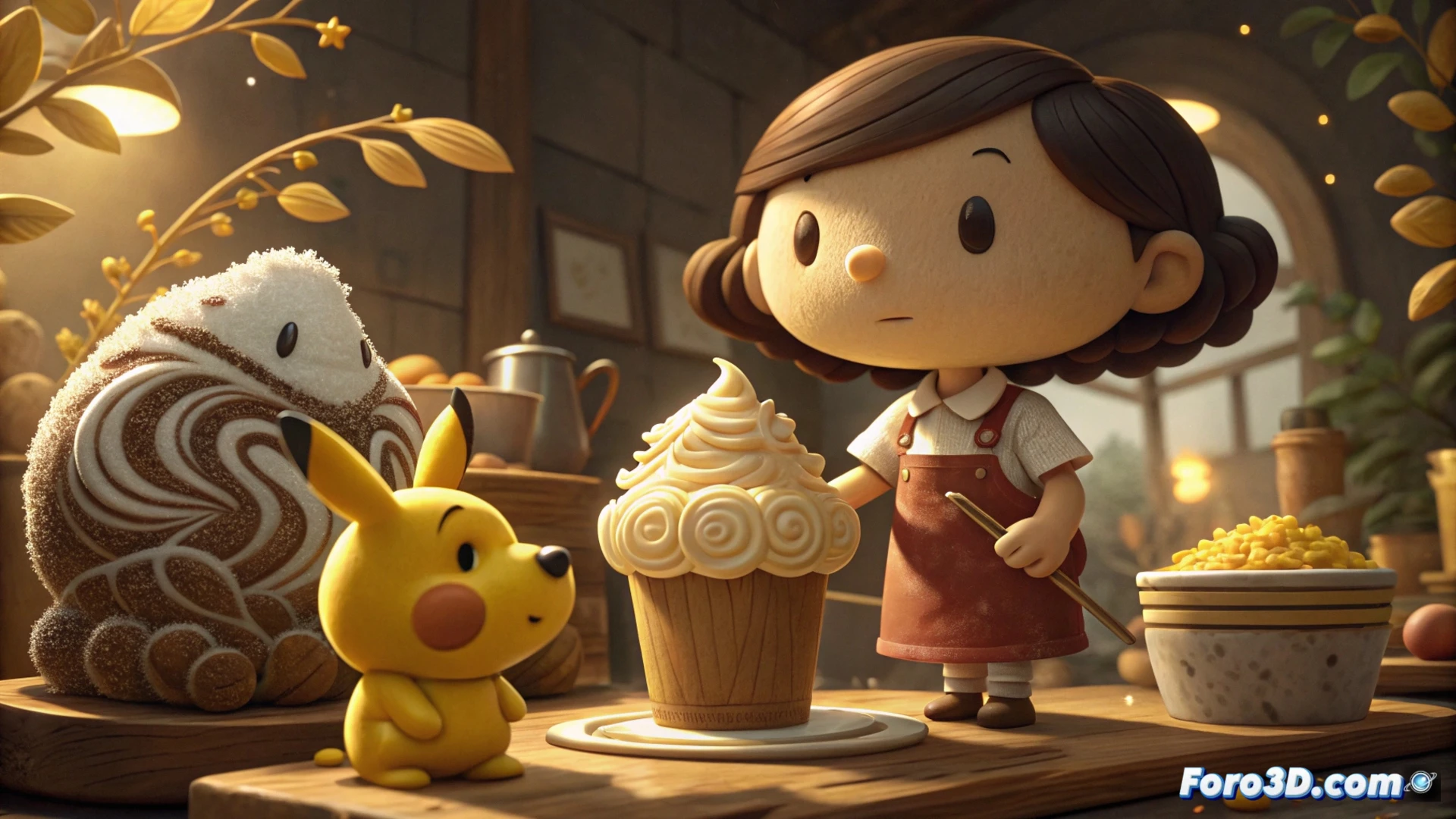 Una taza de café con espuma muestra a Pikachu animado en stop-motion, rodeado de crema de coco y superalimentos coloridos.