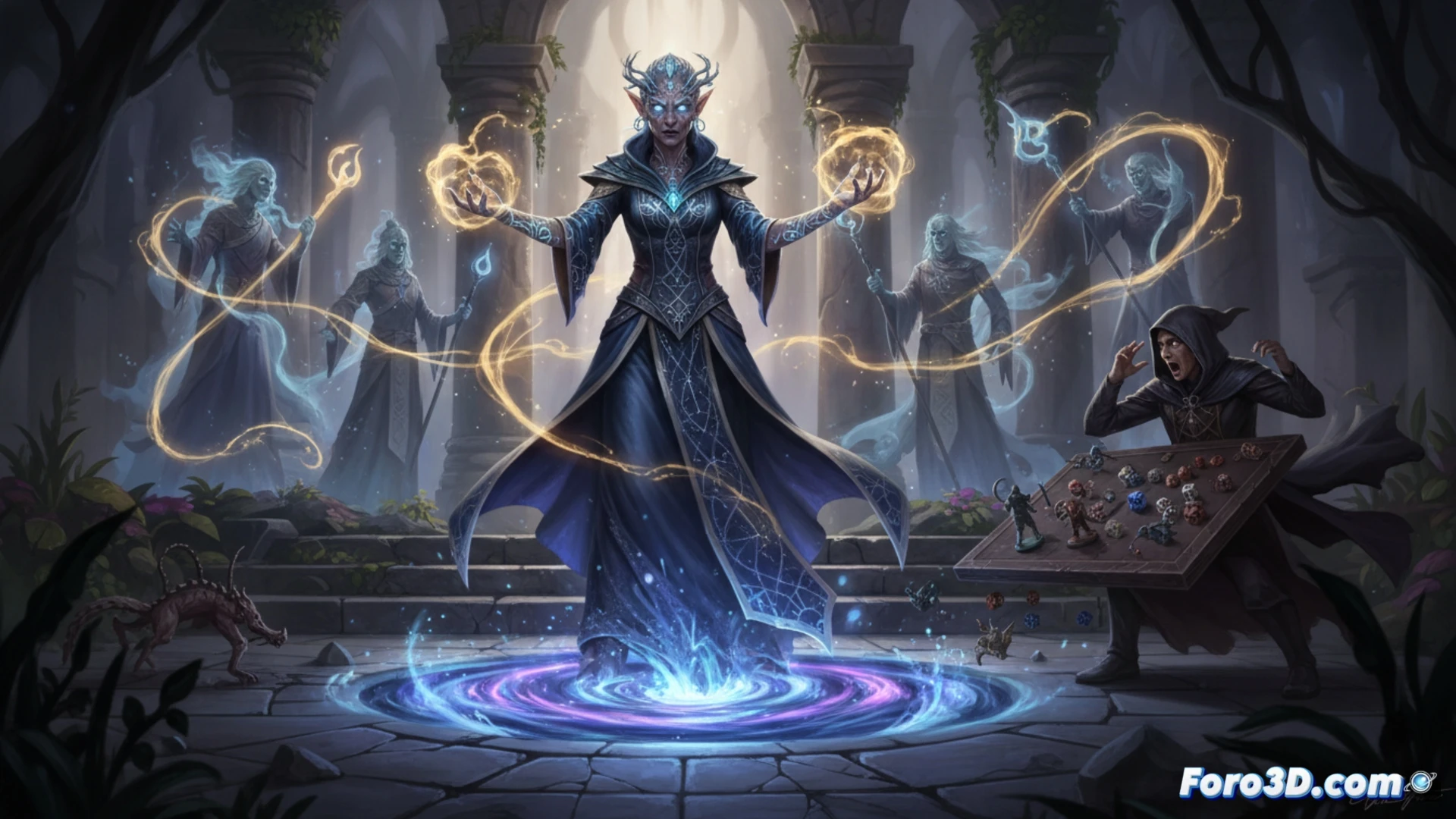 ancient sorcerer standing in a ruined stone temple, translucent ghostly ancestor figure emerging from the sorcerer's chest, spectral chains of glowing blue energy wrapping around a massive dragon's limbs, dragon roaring in mid-air frozen mid-pounce, sorcerer's hands crackling with ancestral runes, floating arcane dice and character sheets scattered on altar, dungeon master's screen tipped over with miniature figures falling, dynamic action scene, dramatic lighting from the ghostly magic casting long shadows, cinematic fantasy art style, ultra-detailed magical effects, photorealistic digital painting