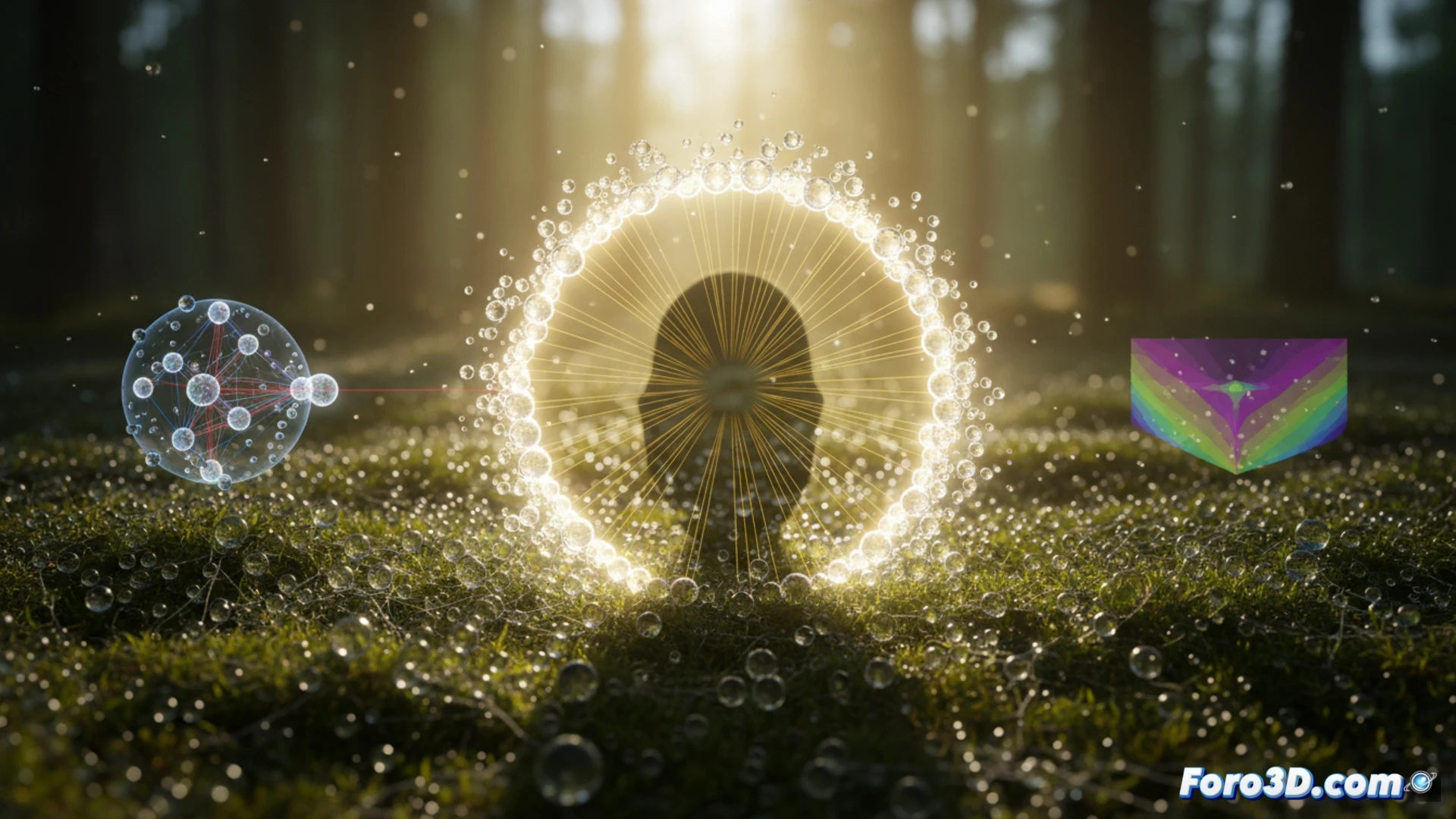 Heiligenschein brillo sagrado en gotas de rocio simulacion 3D retroreflexion luz solar visualizacion cientifica