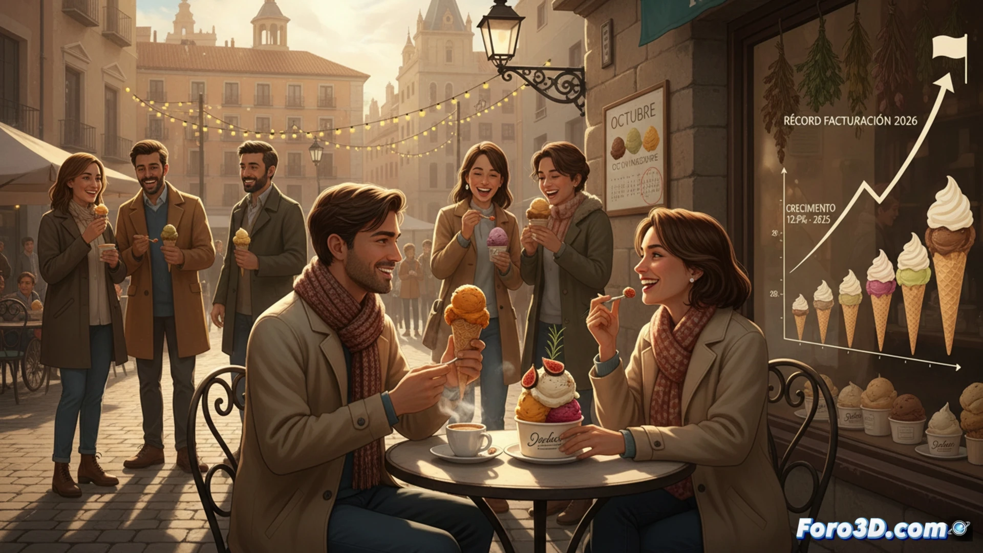 Heladería artesanal española al atardecer, chef sosteniendo una cuchara mientras vierte helado cremoso de turrón sobre una cuchara de metal pulido, mostrando la textura densa y brillante del producto, mostradores de acero inoxidable con pequeñas máquinas de helado suave, tablas de madera con frutas de temporada como higos y granadas, fondo de calle empedrada con turistas comiendo cucuruchos pequeños, estilo cinematográfico hiperrealista, iluminación cálida de ocaso, destellos en la superficie del helado, enfoque nítido en la acción de servir, profundidad de campo suave, colores vibrantes y saturados