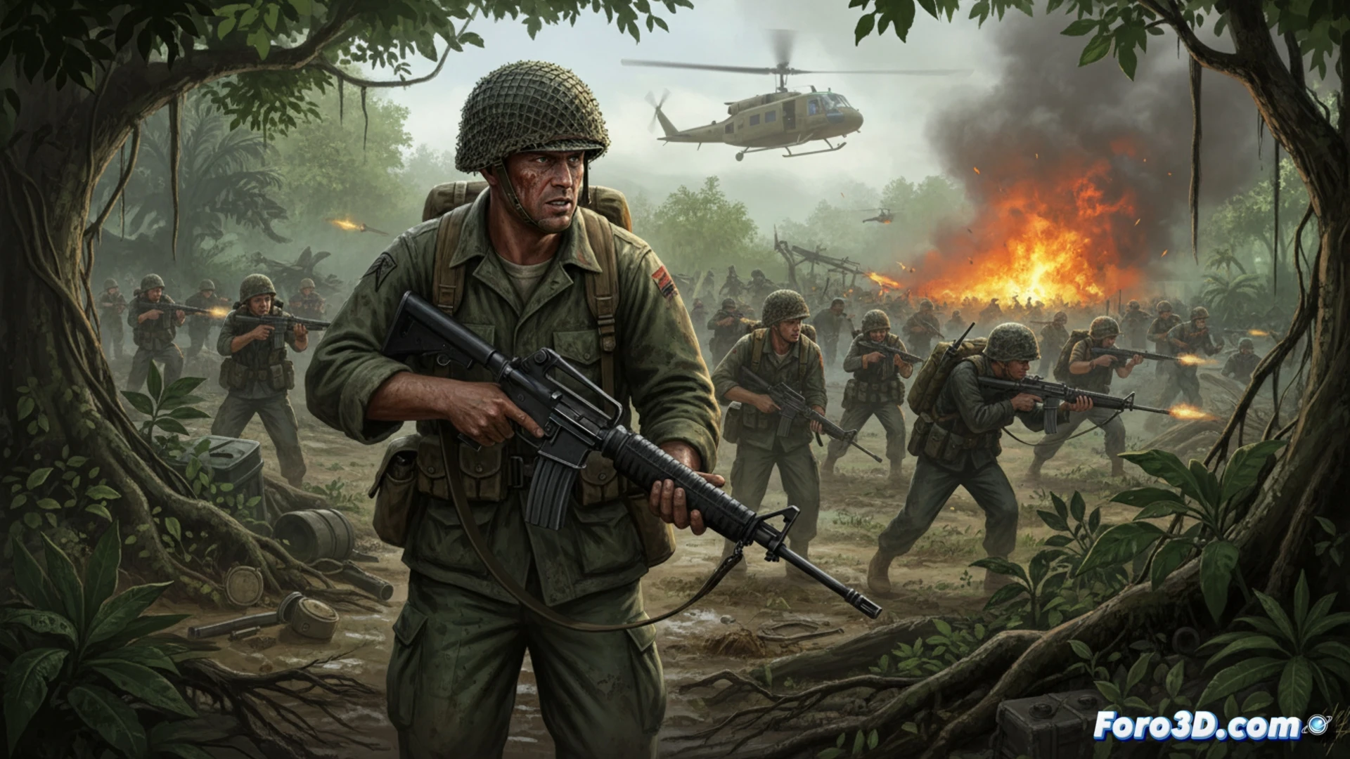 jungle battlefield at dawn, dense canopy with shafts of smoke-filtered light, US helicopter gunship banking low over rice paddies, rotor wash disturbing tall grass and muddy water, a squad of soldiers in olive uniforms moving through elephant grass, M16 rifles raised, tracer rounds crossing from distant treeline, napalm strike billowing orange-black smoke on the horizon, destroyed Viet Cong bunker with sandbags and corrugated metal scattered, muddy foxhole with radio operator crouching, antenna wire trailing, 50 vs 50 scale suggested by multiple figures fading into haze, cinematic photorealistic rendering, dramatic war photography style, high contrast shadows, lens flare, dust particles in air, ultra-detailed foliage and military equipment, motion blur on running soldiers, realistic smoke and fire simulation